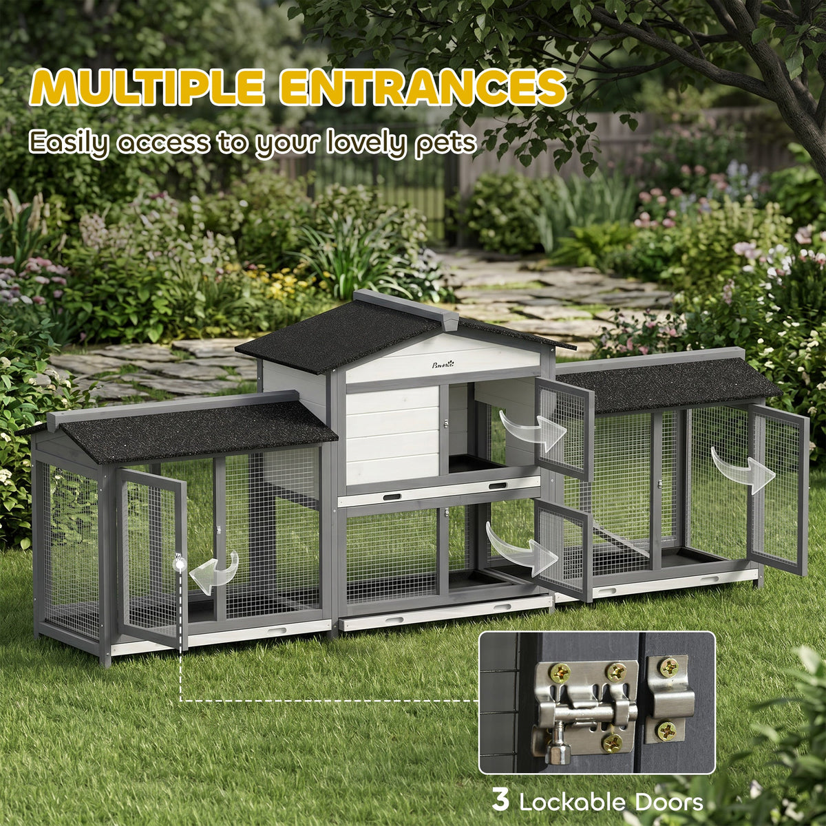 Large Rabbit Hutch, 2-Tier Wooden Guinea Pig Hutch with Double Side Run Boxes, Outdoor Bunny Cage Hide House with Waterproof Roof, Sliding Tray, Ramp, 230 x 53 x 93.5cm, Light Grey