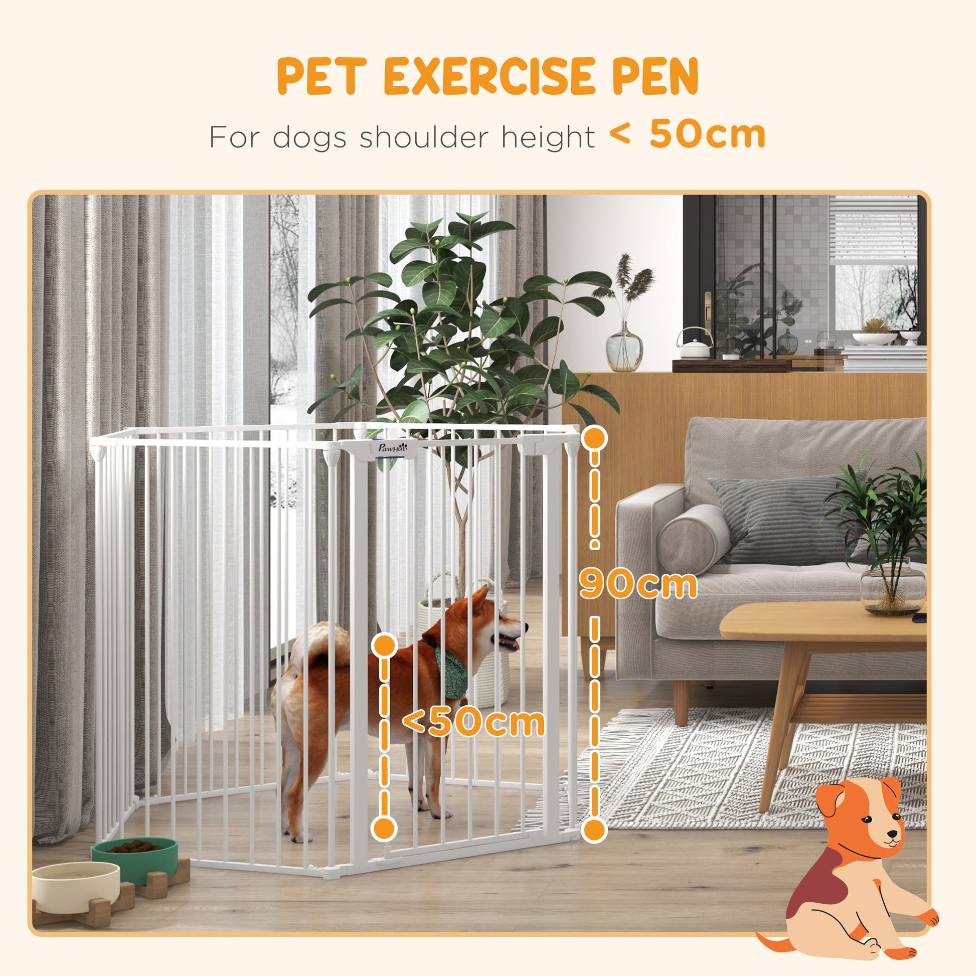 2 in 1 Multifunctional Dog Pen, Safety Pet Gate, 6 Panels Dog Playpen with Double-Locking Door, Foldable Dog Barrier for Medium Dogs, 90Hcm - White