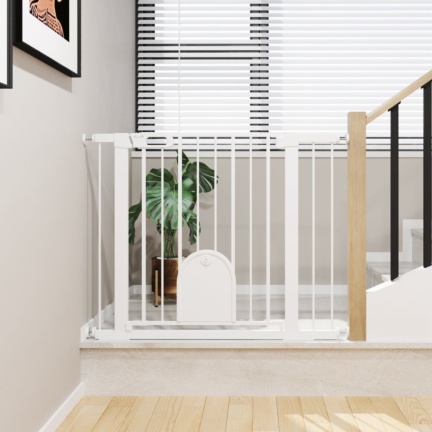 Dog Gate with Cat Flap Pet Safety Gate Barrier, Stair Pressure Fit, Auto Close, Double Locking, for Doorways, Hallways, 75-103 cm White