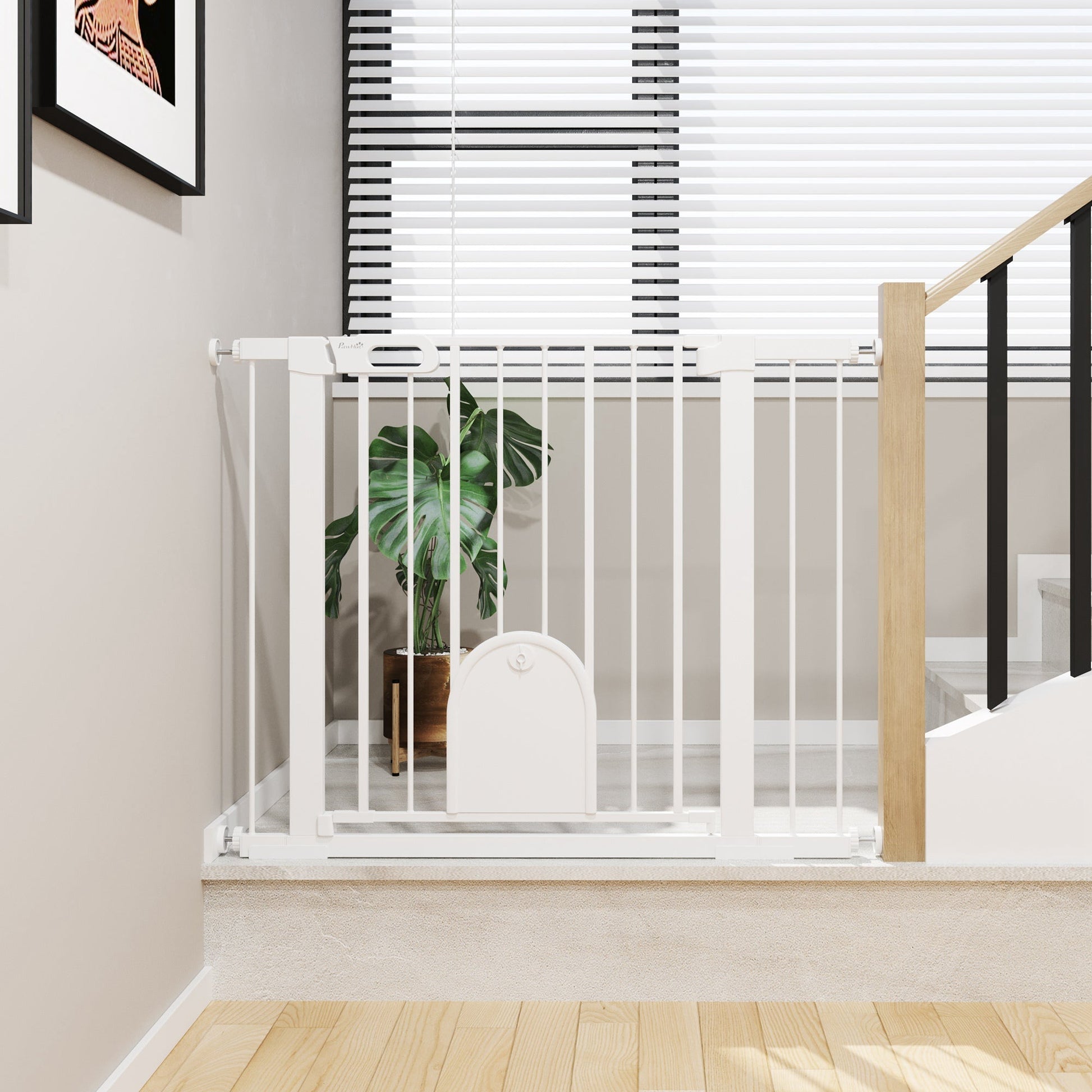 Dog Gate with Cat Flap Pet Safety Gate Barrier, Stair Pressure Fit, Auto Close, Double Locking, for Doorways, Hallways, 75-103 cm White