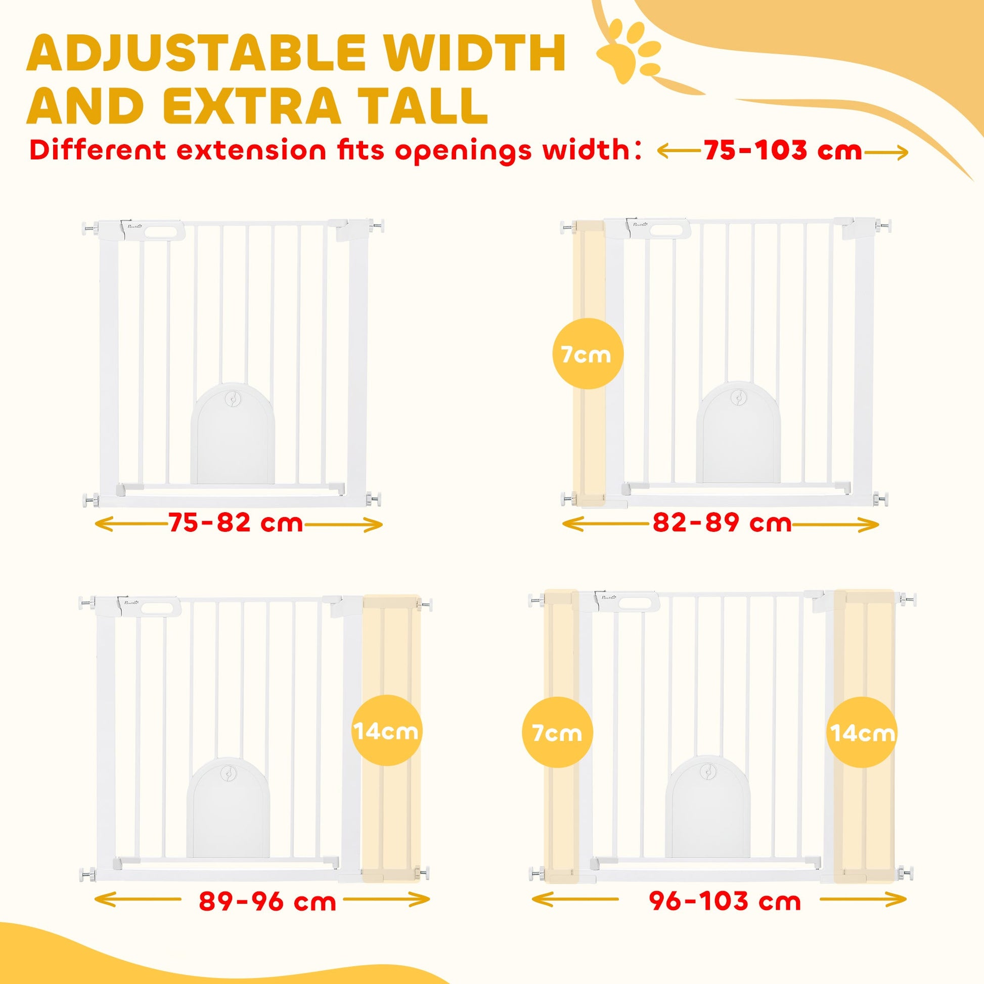 Dog Gate with Cat Flap Pet Safety Gate Barrier, Stair Pressure Fit, Auto Close, Double Locking, for Doorways, Hallways, 75-103 cm White