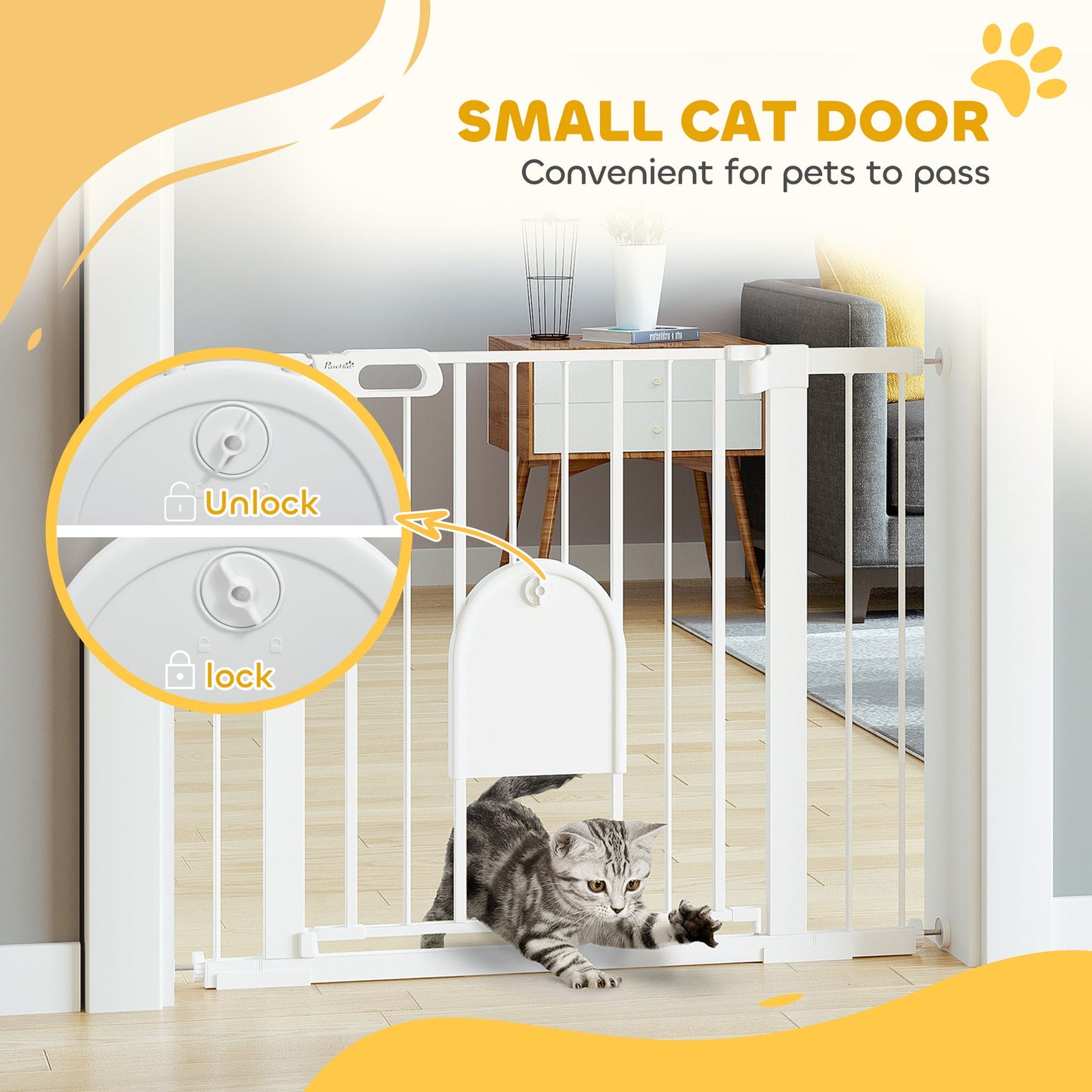 Dog Gate with Cat Flap Pet Safety Gate Barrier, Stair Pressure Fit, Auto Close, Double Locking, for Doorways, Hallways, 75-103 cm White