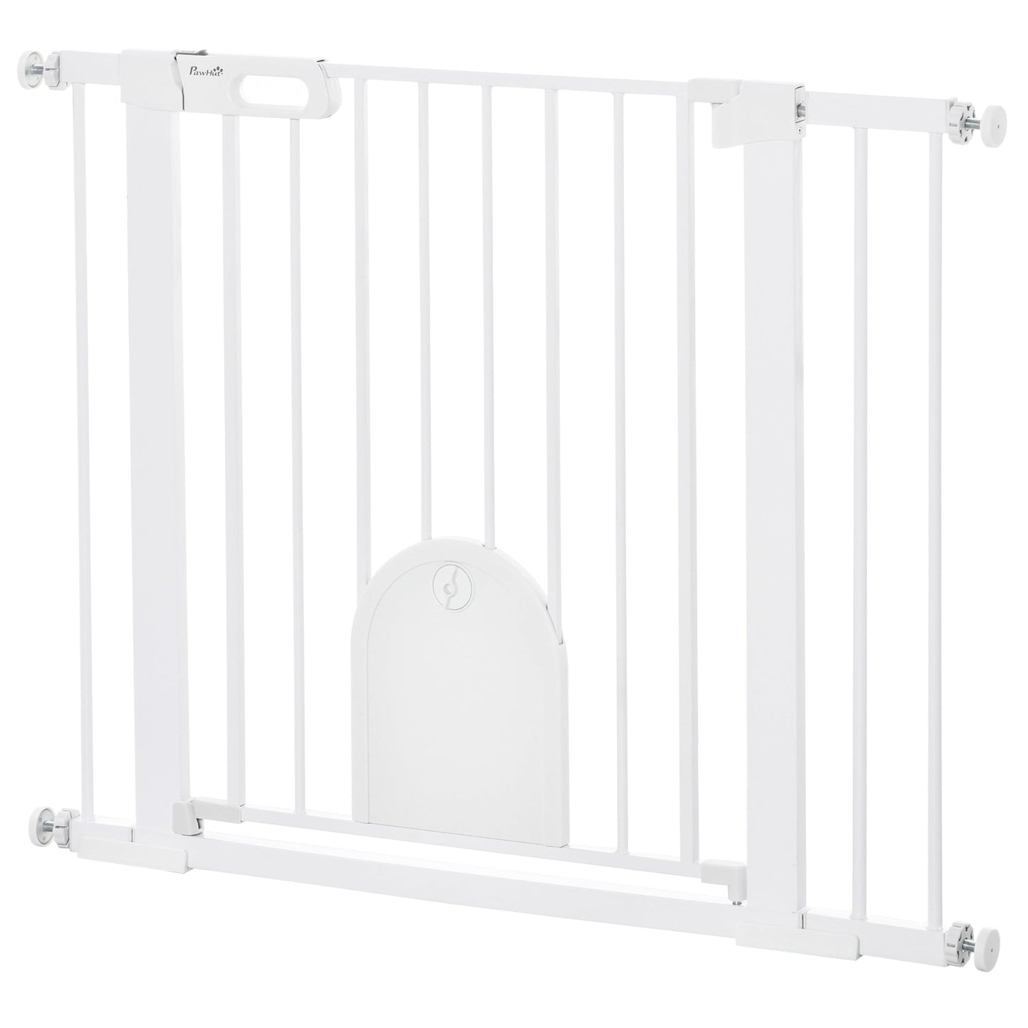 Dog Gate with Cat Flap Pet Safety Gate Barrier, Stair Pressure Fit, Auto Close, Double Locking, for Doorways, Hallways, 75-103 cm White