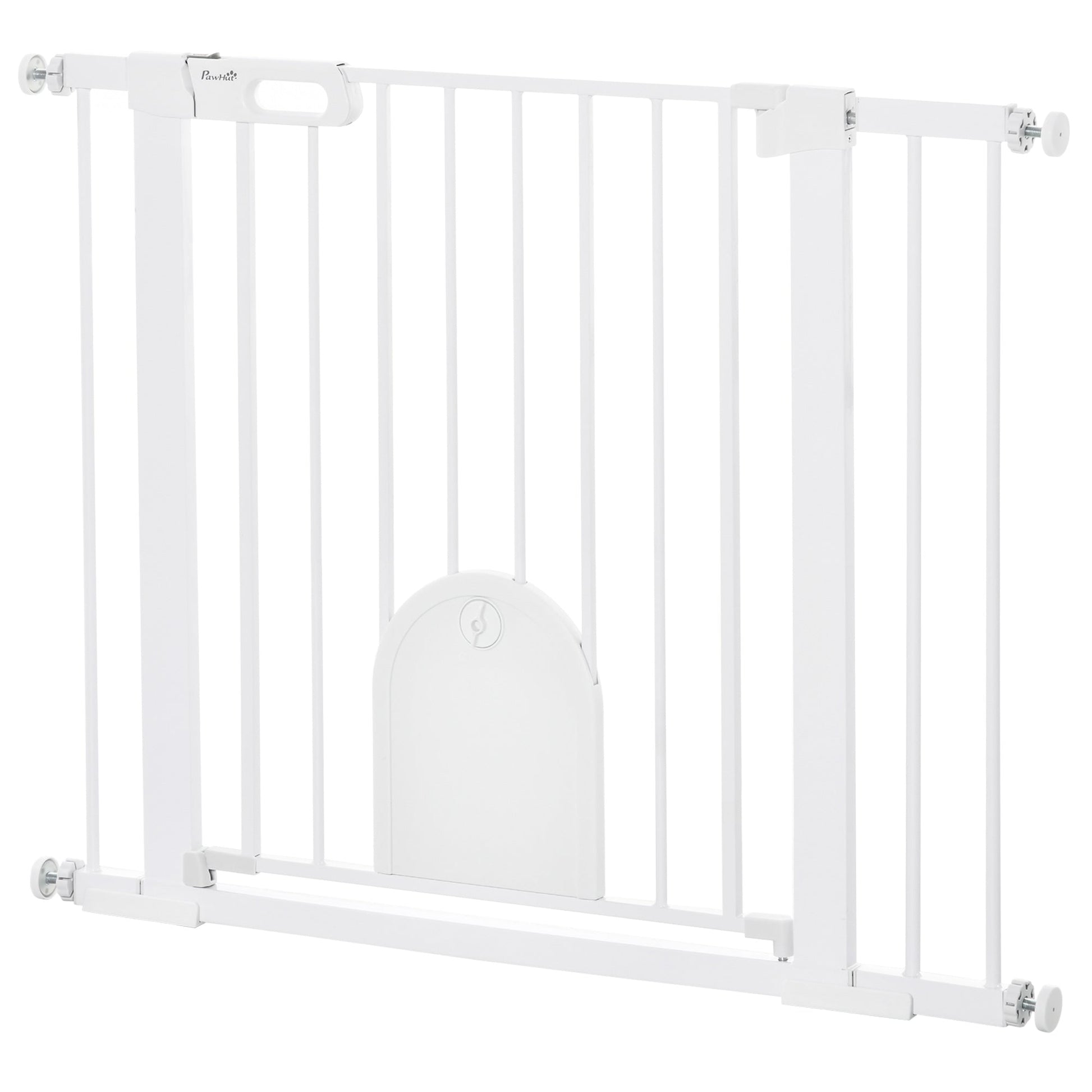 Dog Gate with Cat Flap Pet Safety Gate Barrier, Stair Pressure Fit, Auto Close, Double Locking, for Doorways, Hallways, 75-103 cm White