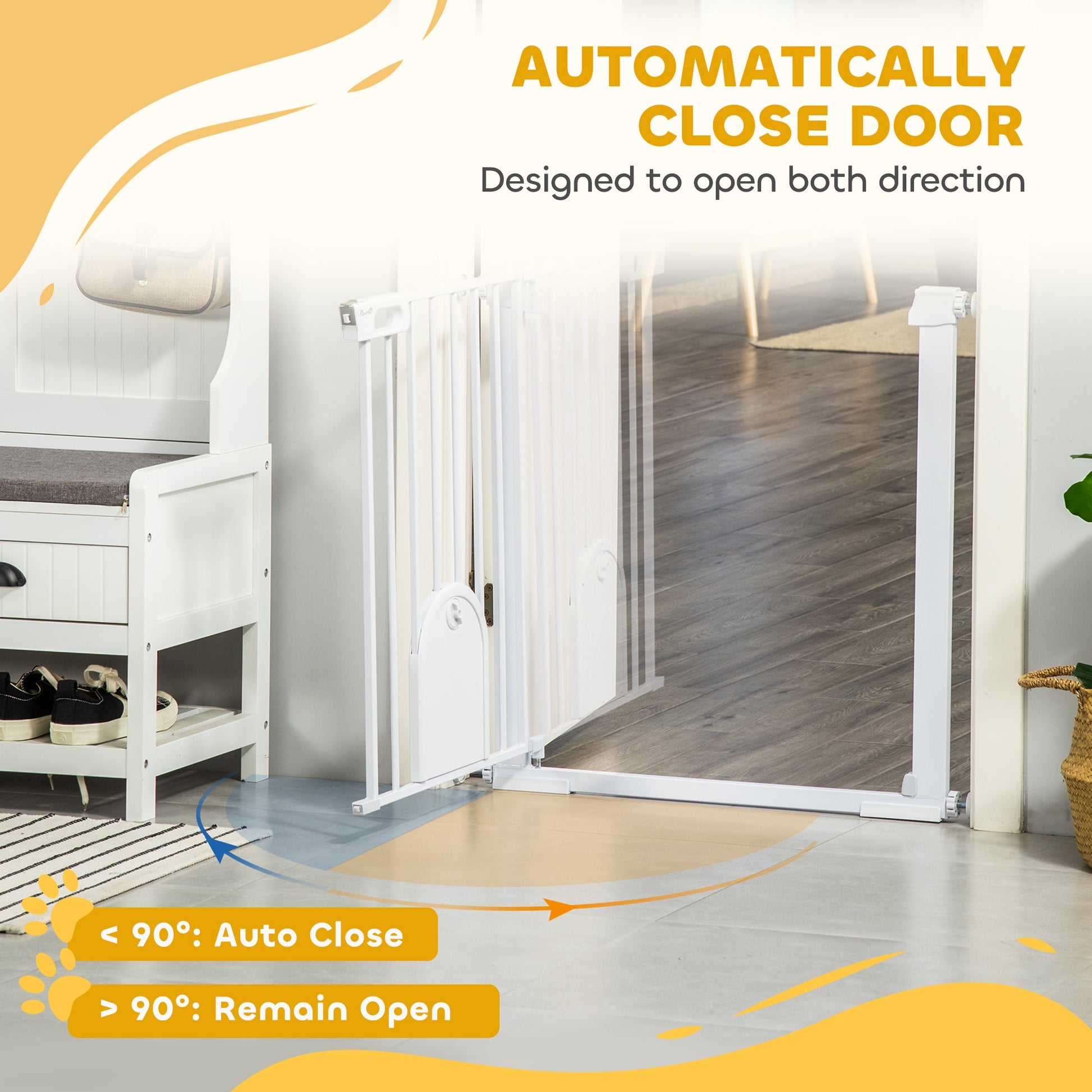 Dog Gate with Cat Flap Pet Safety Gate Barrier, Stair Pressure Fit, Auto Close, Double Locking, for Doorways, Hallways, 75-103 cm White