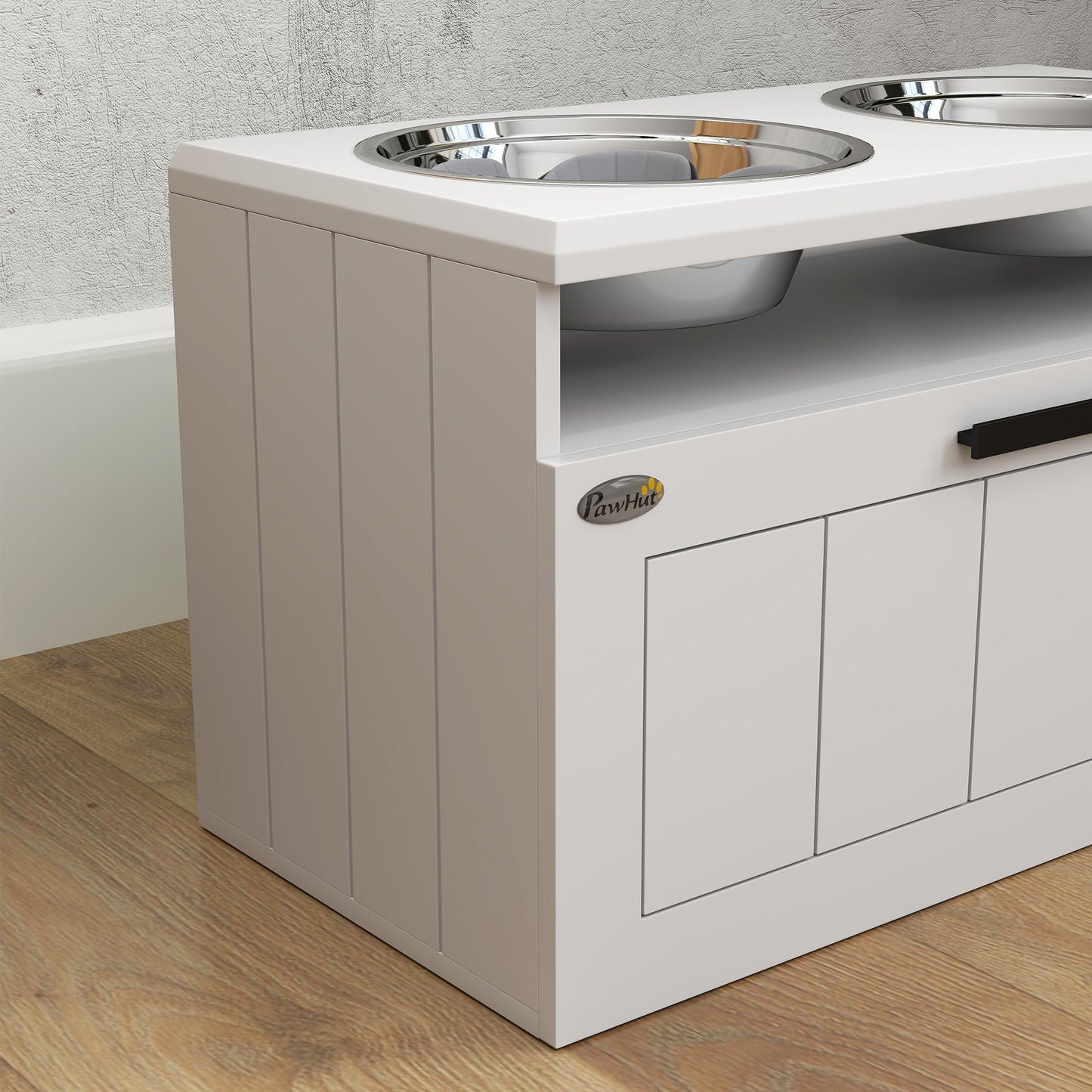 Raised Dog Bowl, Elevated Pet Bowls with Slow Feeder, Two Stainless Steel Bowls, Drawer, for Large & Extra Large Dogs, White