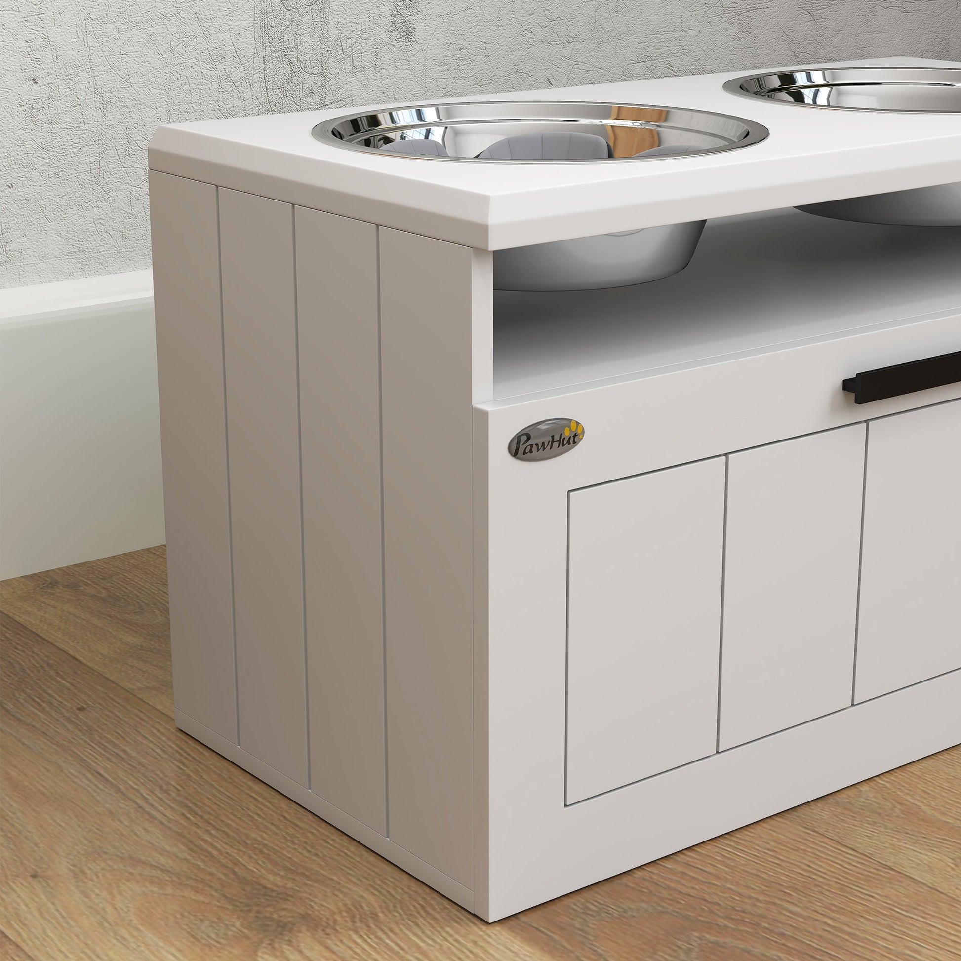 Raised Dog Bowl, Elevated Pet Bowls with Slow Feeder, Two Stainless Steel Bowls, Drawer, for Large & Extra Large Dogs, White