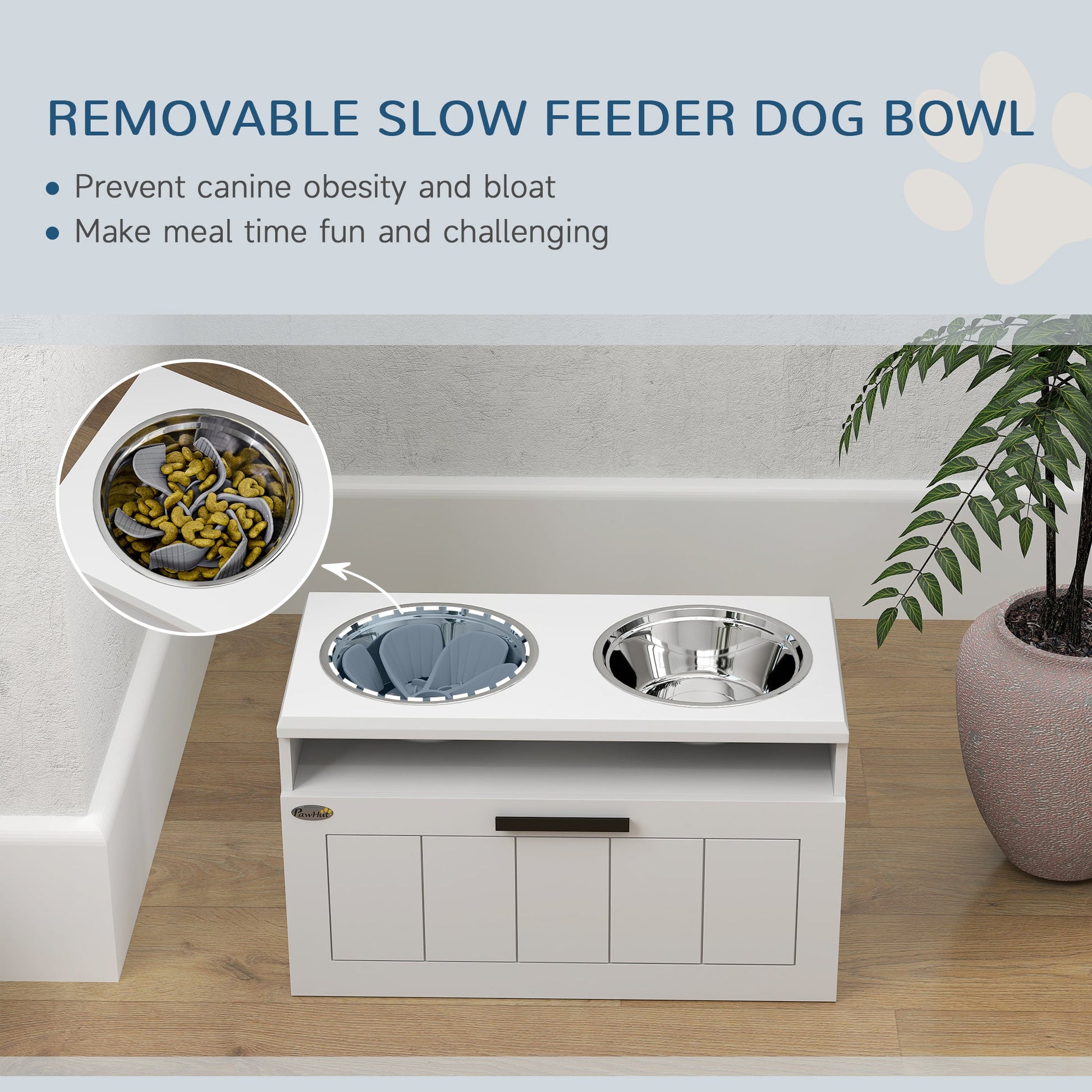 Raised Dog Bowl, Elevated Pet Bowls with Slow Feeder, Two Stainless Steel Bowls, Drawer, for Large & Extra Large Dogs, White