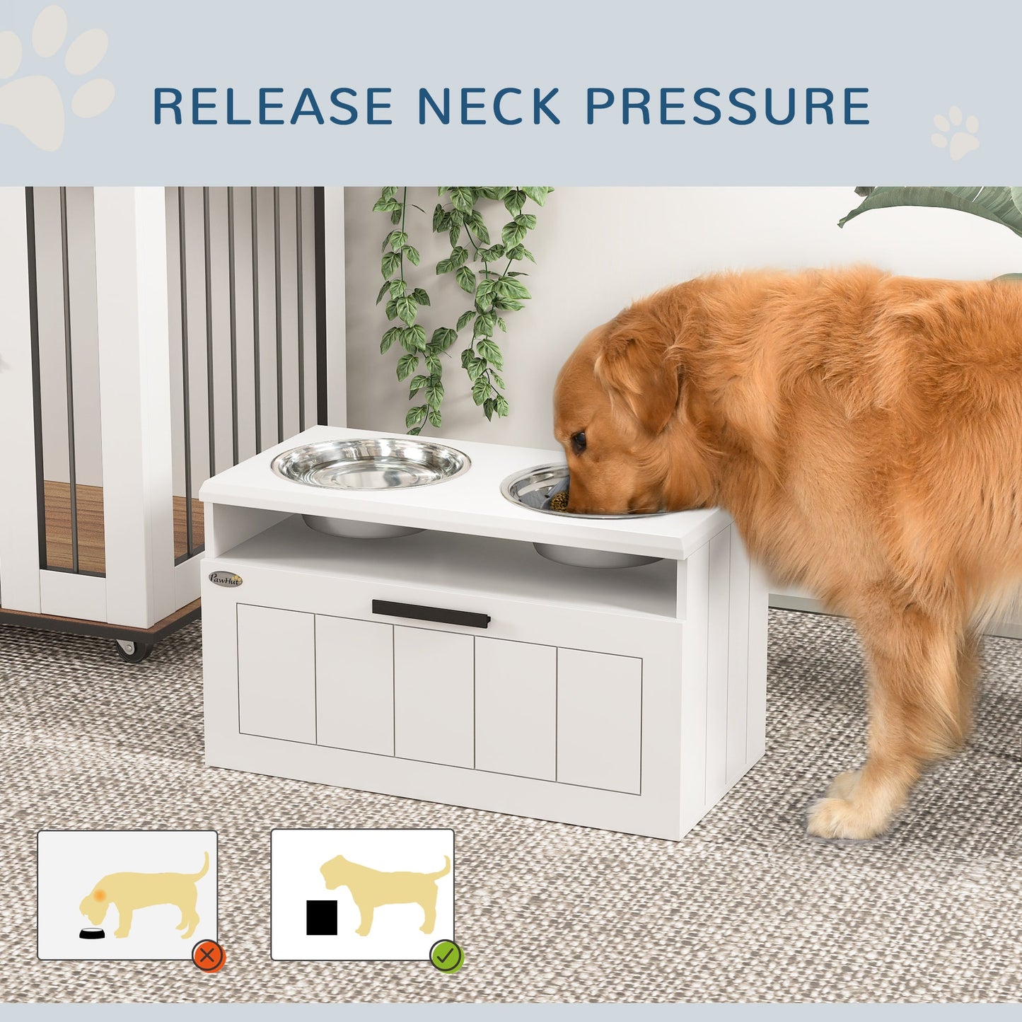 Raised Dog Bowl, Elevated Pet Bowls with Slow Feeder, Two Stainless Steel Bowls, Drawer, for Large & Extra Large Dogs, White