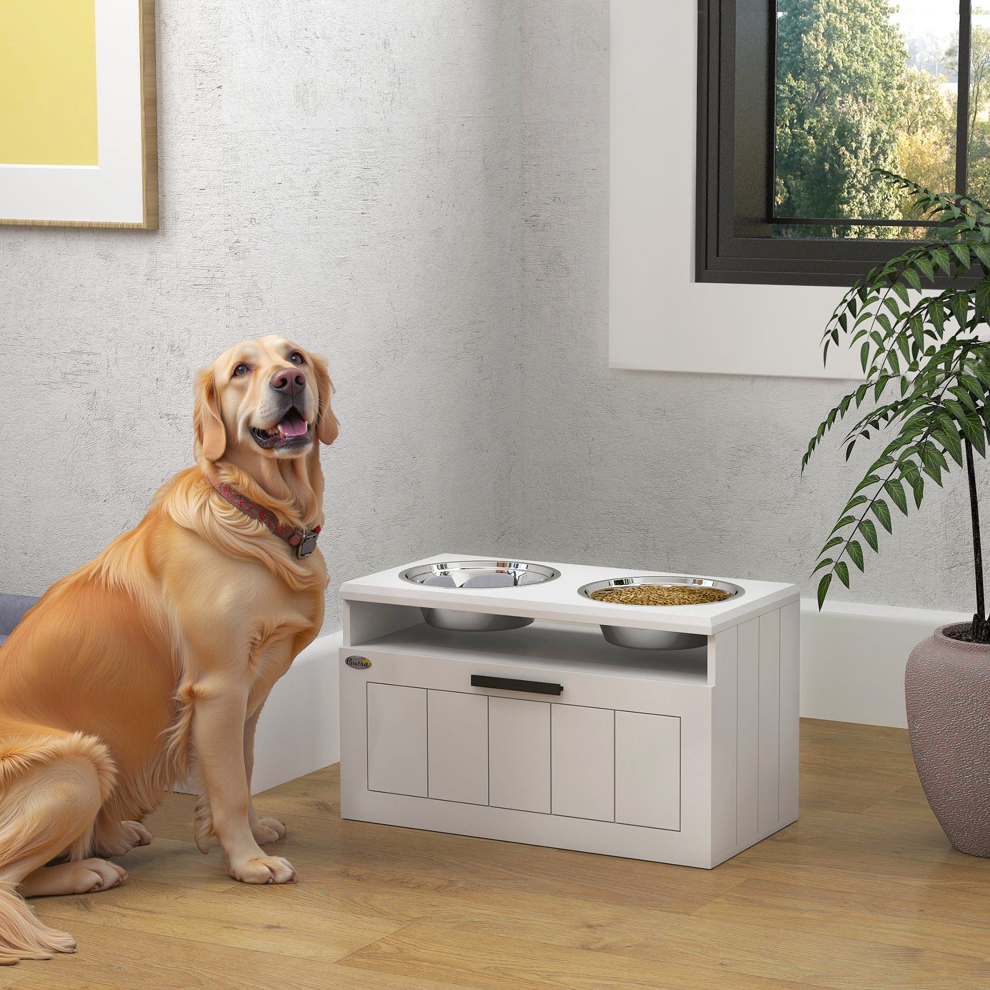 Raised Dog Bowl, Elevated Pet Bowls with Slow Feeder, Two Stainless Steel Bowls, Drawer, for Large & Extra Large Dogs, White