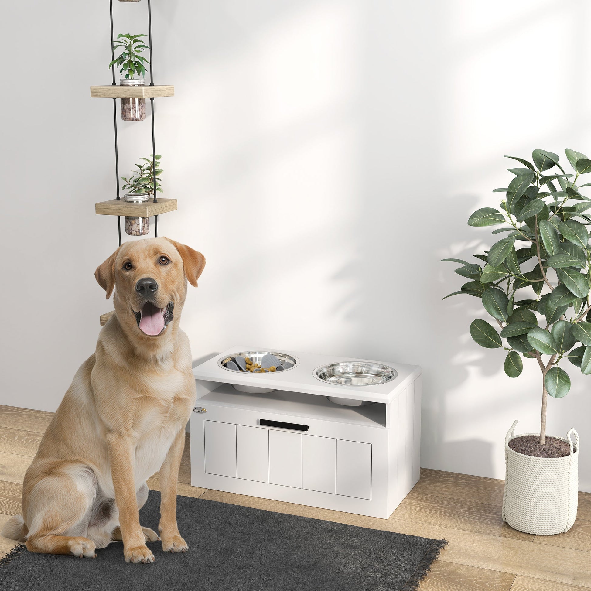 Raised Dog Bowl, Elevated Pet Bowls with Slow Feeder, Two Stainless Steel Bowls, Drawer, for Large & Extra Large Dogs, White