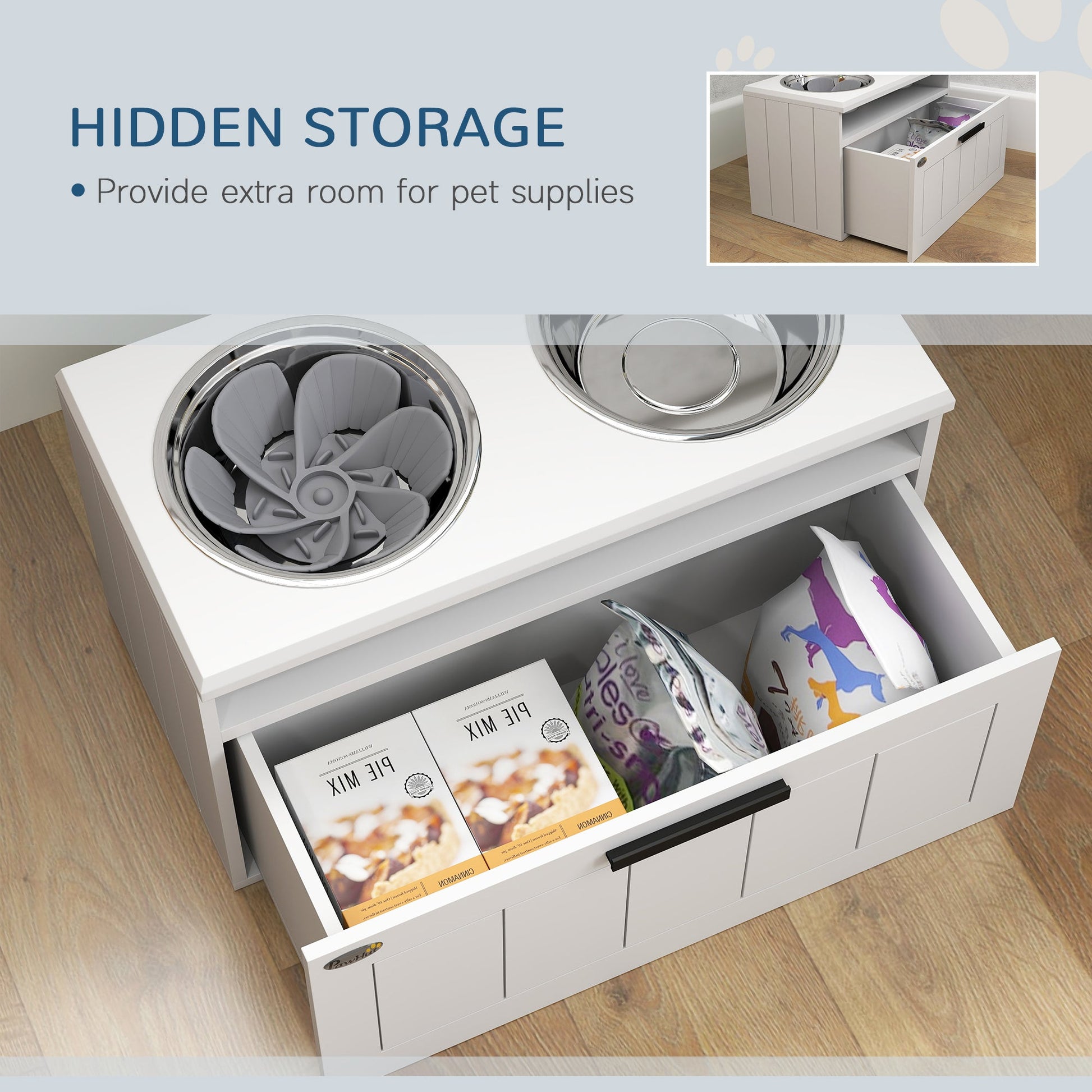 Raised Dog Bowl, Elevated Pet Bowls with Slow Feeder, Two Stainless Steel Bowls, Drawer, for Large & Extra Large Dogs, White