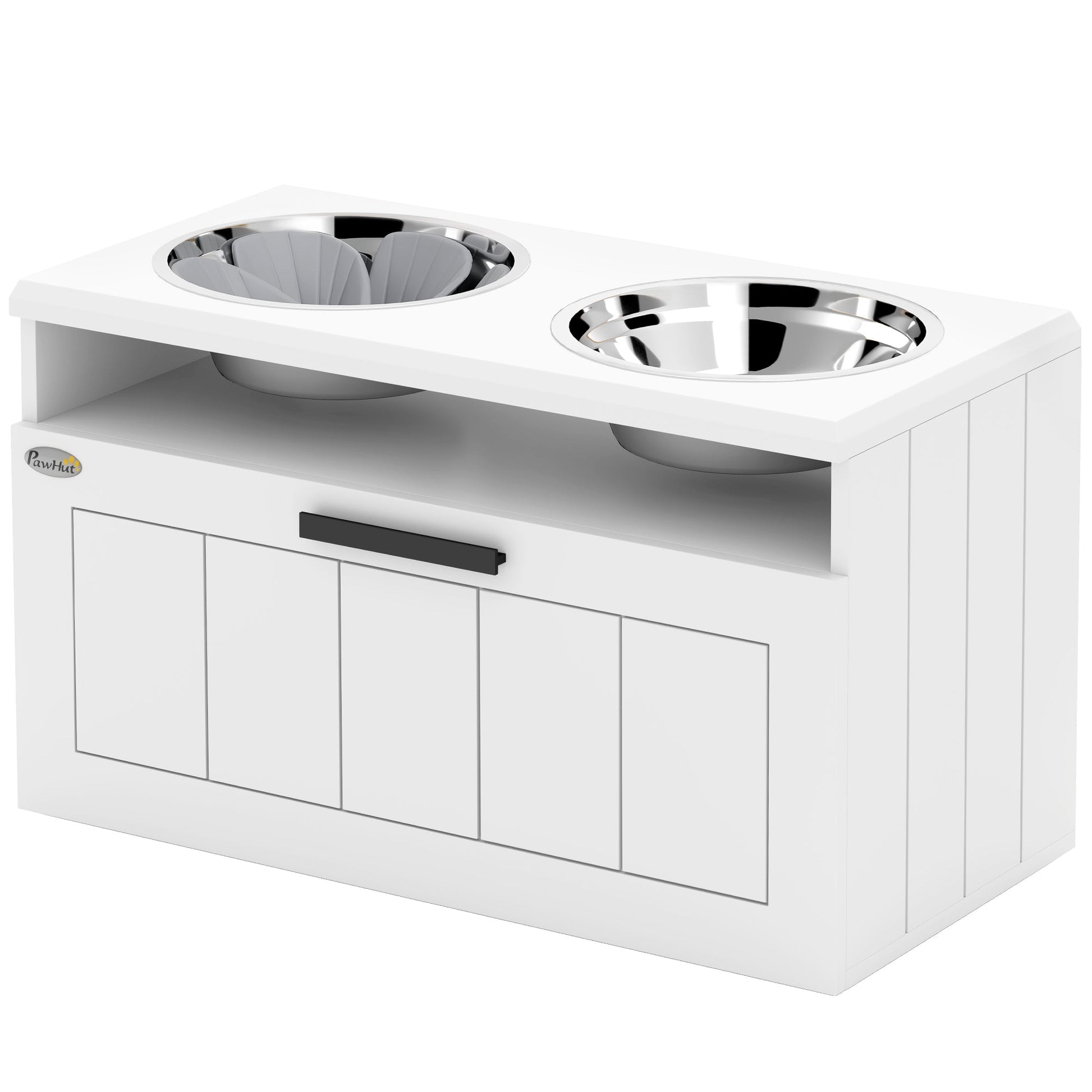 Raised Dog Bowl, Elevated Pet Bowls with Slow Feeder, Two Stainless Steel Bowls, Drawer, for Large & Extra Large Dogs, White