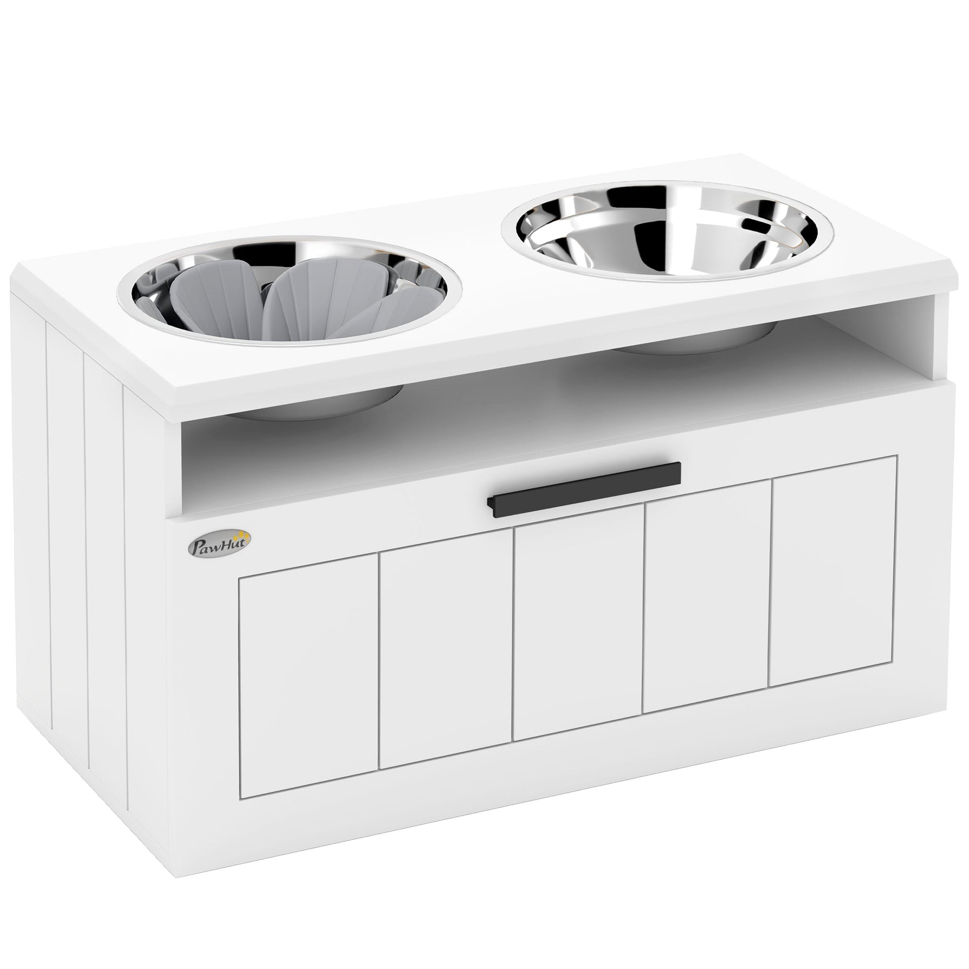 Raised Dog Bowl, Elevated Pet Bowls with Slow Feeder, Two Stainless Steel Bowls, Drawer, for Large & Extra Large Dogs, White