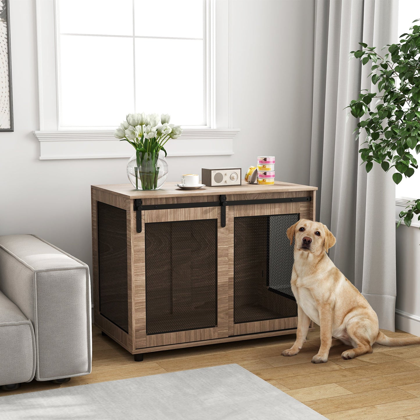 Dog Crate Furniture, Dog Cage End Table with Sliding Door, Pet Kennel for Large Breeds, 98 x 60 x 78cm, Walnut Brown