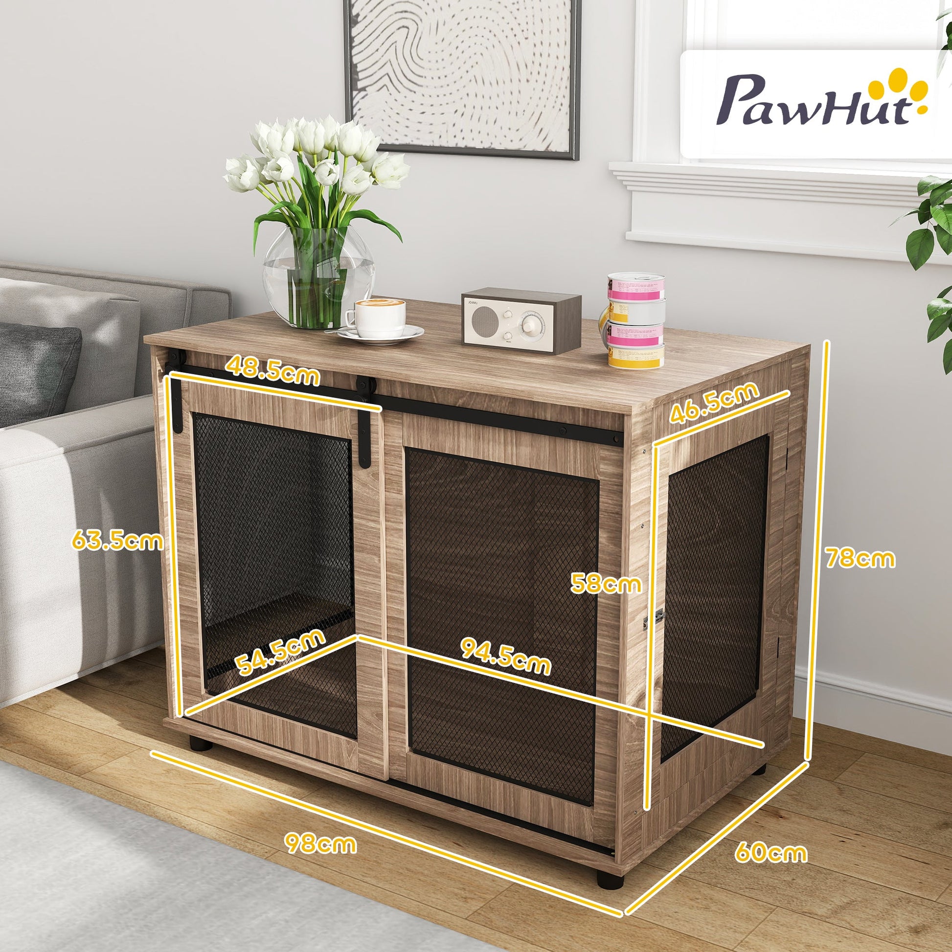 Dog Crate Furniture, Dog Cage End Table with Sliding Door, Pet Kennel for Large Breeds, 98 x 60 x 78cm, Walnut Brown