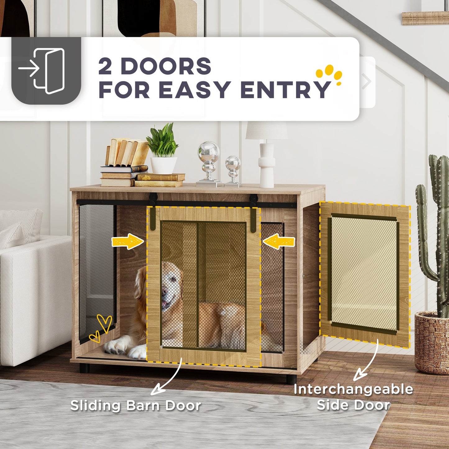 Dog Crate Furniture, Dog Cage End Table with Sliding Door, Pet Kennel for Large Breeds, 98 x 60 x 78cm, Walnut Brown