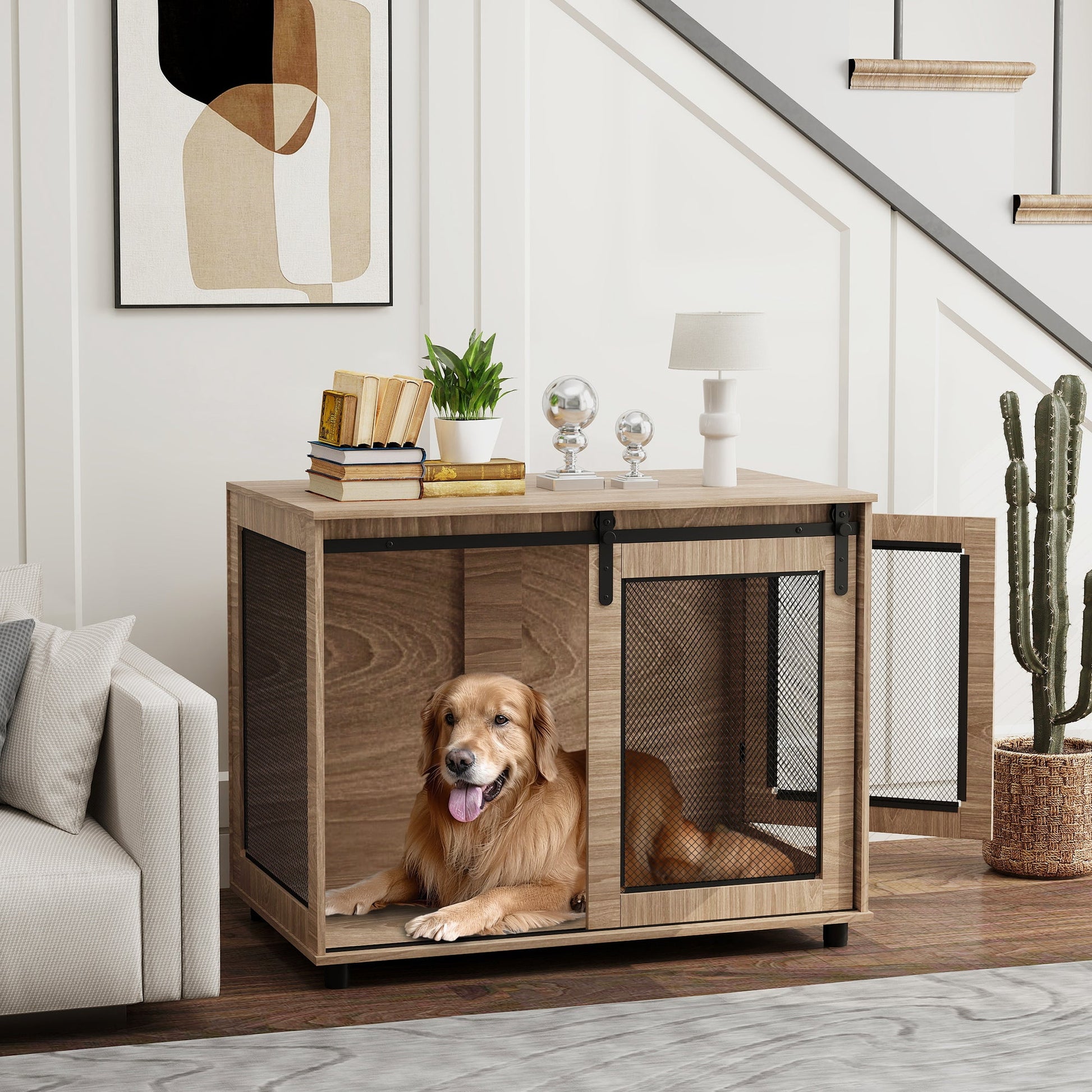 Dog Crate Furniture, Dog Cage End Table with Sliding Door, Pet Kennel for Large Breeds, 98 x 60 x 78cm, Walnut Brown