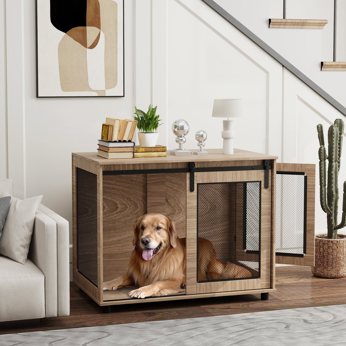 Dog Crate Furniture, Dog Cage End Table with Sliding Door, Pet Kennel for Large Breeds, 98 x 60 x 78cm, Walnut Brown
