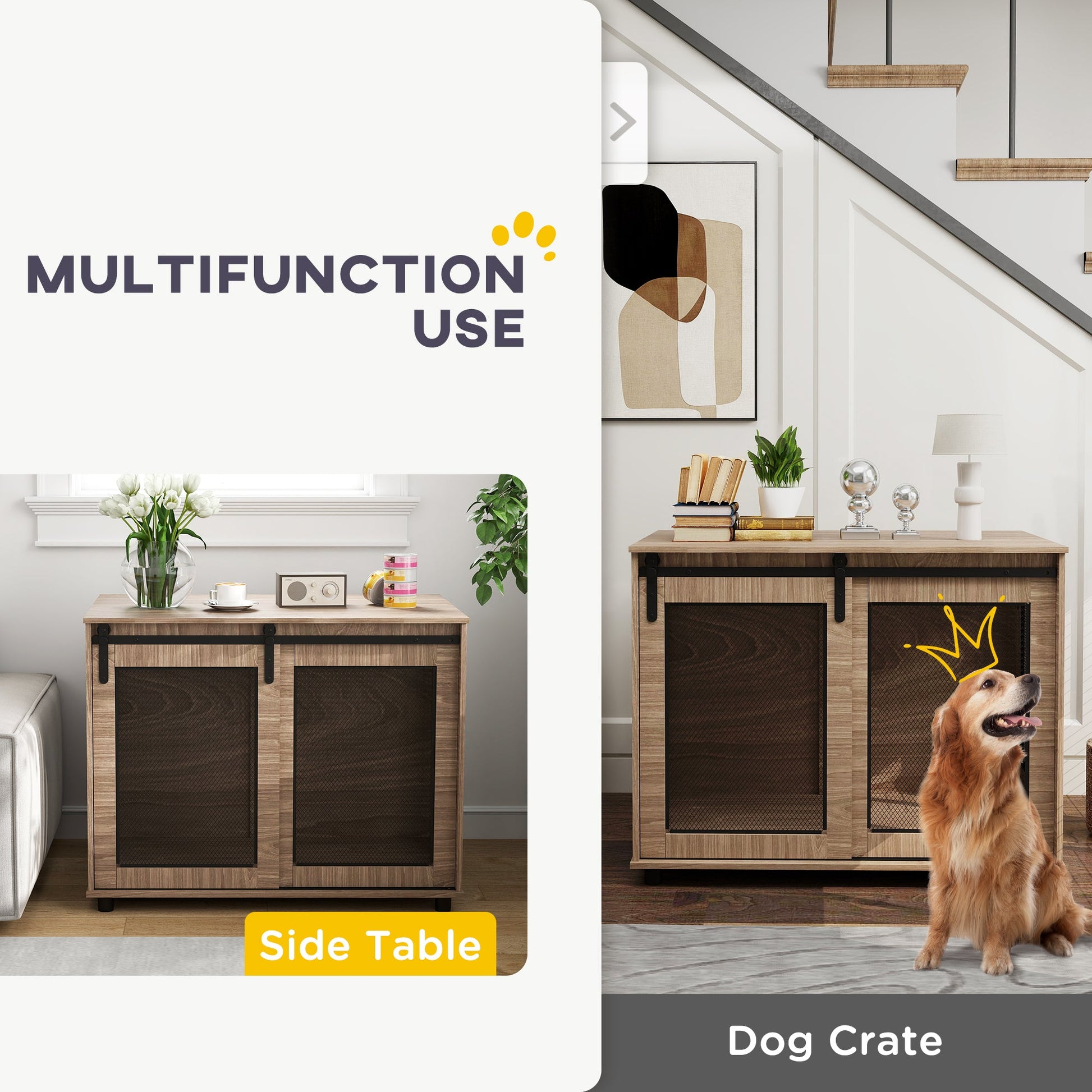 Dog Crate Furniture, Dog Cage End Table with Sliding Door, Pet Kennel for Large Breeds, 98 x 60 x 78cm, Walnut Brown