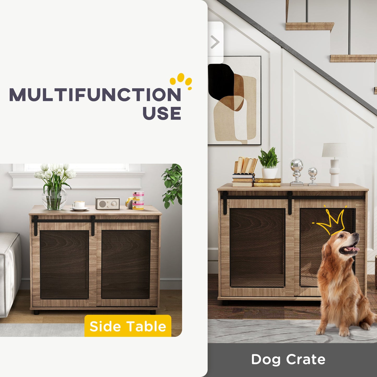 Dog Crate Furniture, Dog Cage End Table with Sliding Door, Pet Kennel for Large Breeds, 98 x 60 x 78cm, Walnut Brown