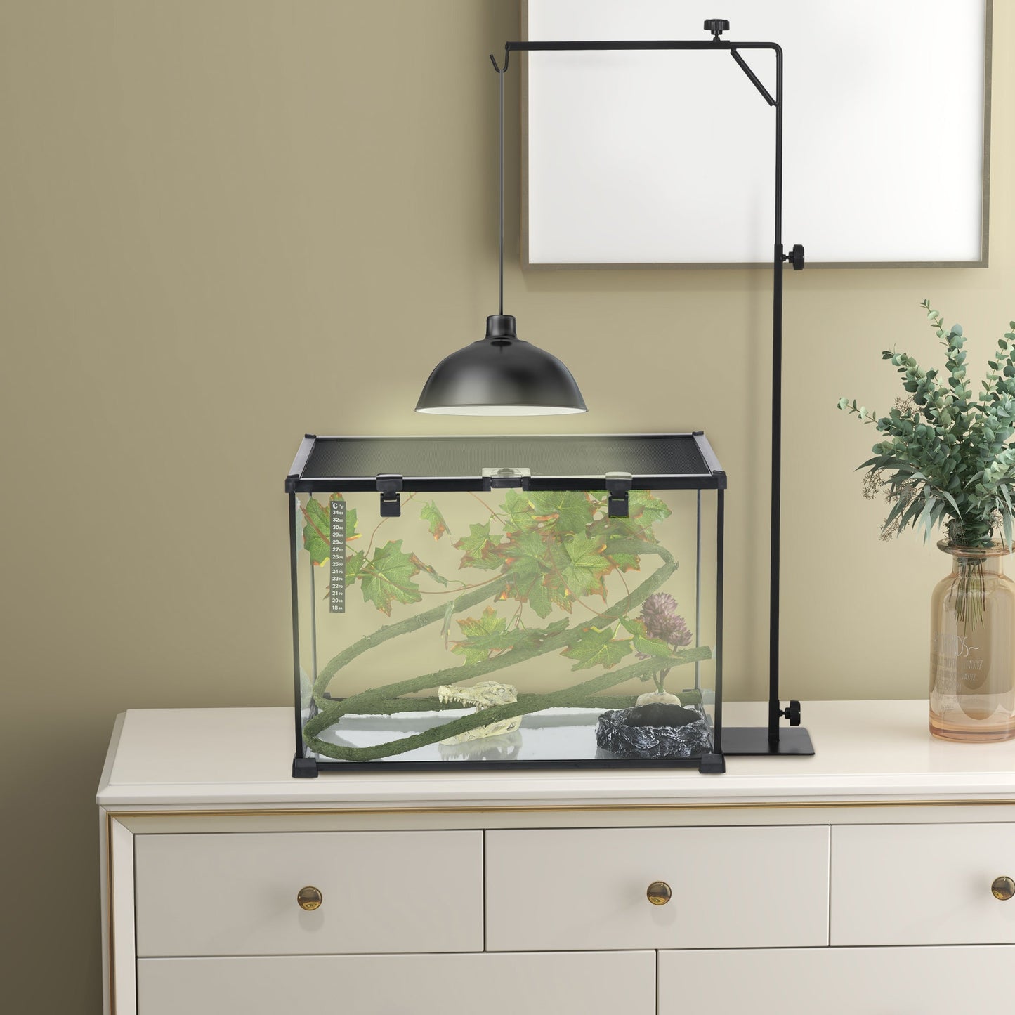 Reptile Lamp Stand, Adjustable Height and Width Heat Lamp for Reptile Amphibian Terrariums, Light Stand with Hook Hanging Steel Base, 86-129Hcm, 42-50Wcm - Black
