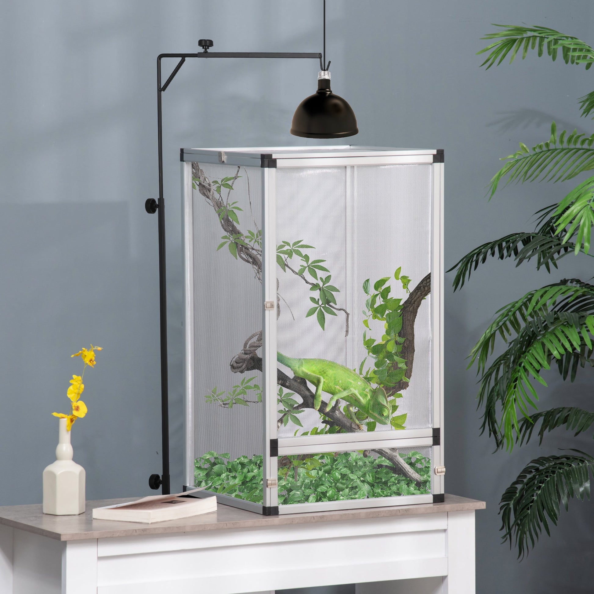 Reptile Lamp Stand, Adjustable Height and Width Heat Lamp for Reptile Amphibian Terrariums, Light Stand with Hook Hanging Steel Base, 86-129Hcm, 42-50Wcm - Black