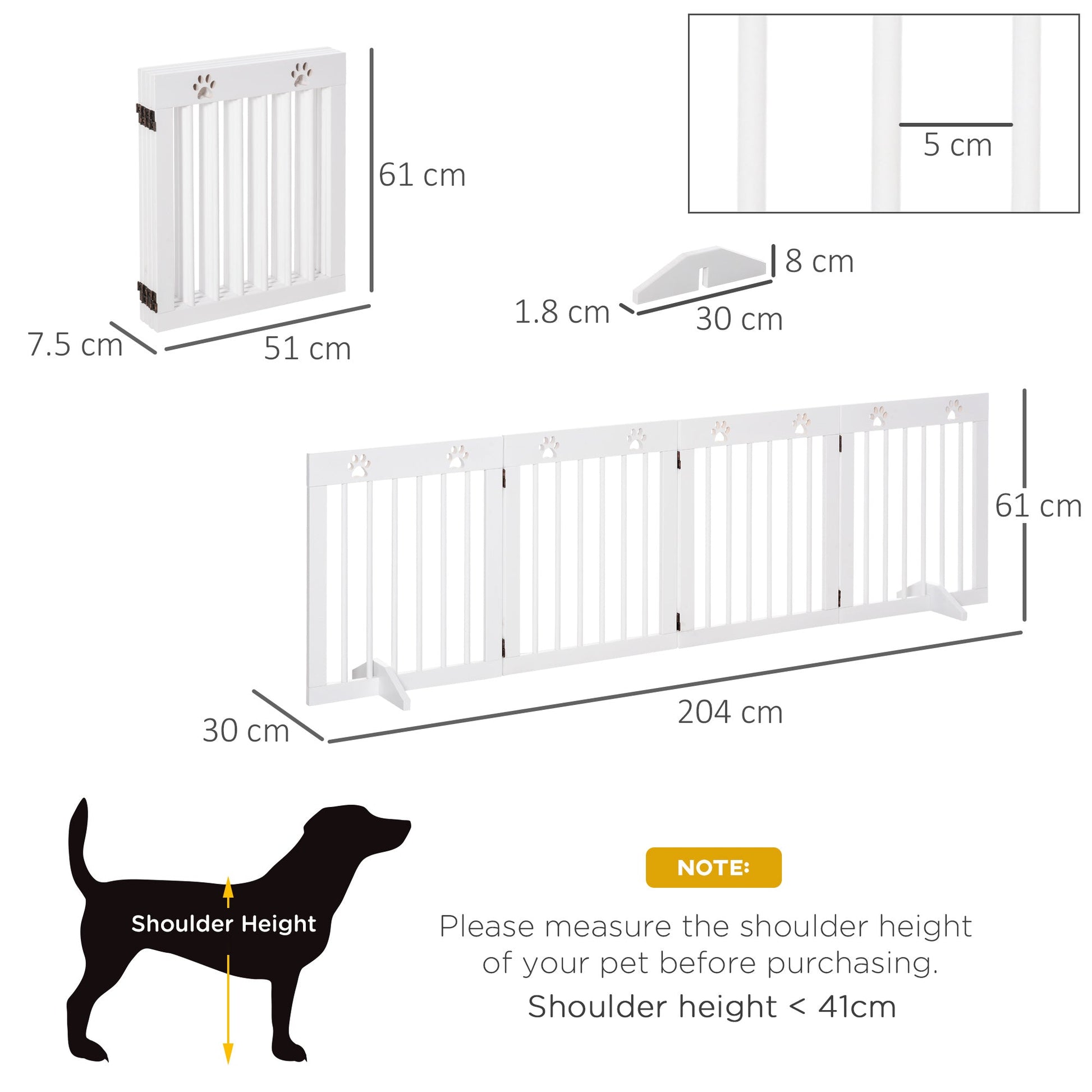 Freestanding Pet Gate 4 Panel Wooden Dog Barrier Folding Safety Fence with Support Feet up to 204cm Long 61cm Tall for Doorway Stairs White