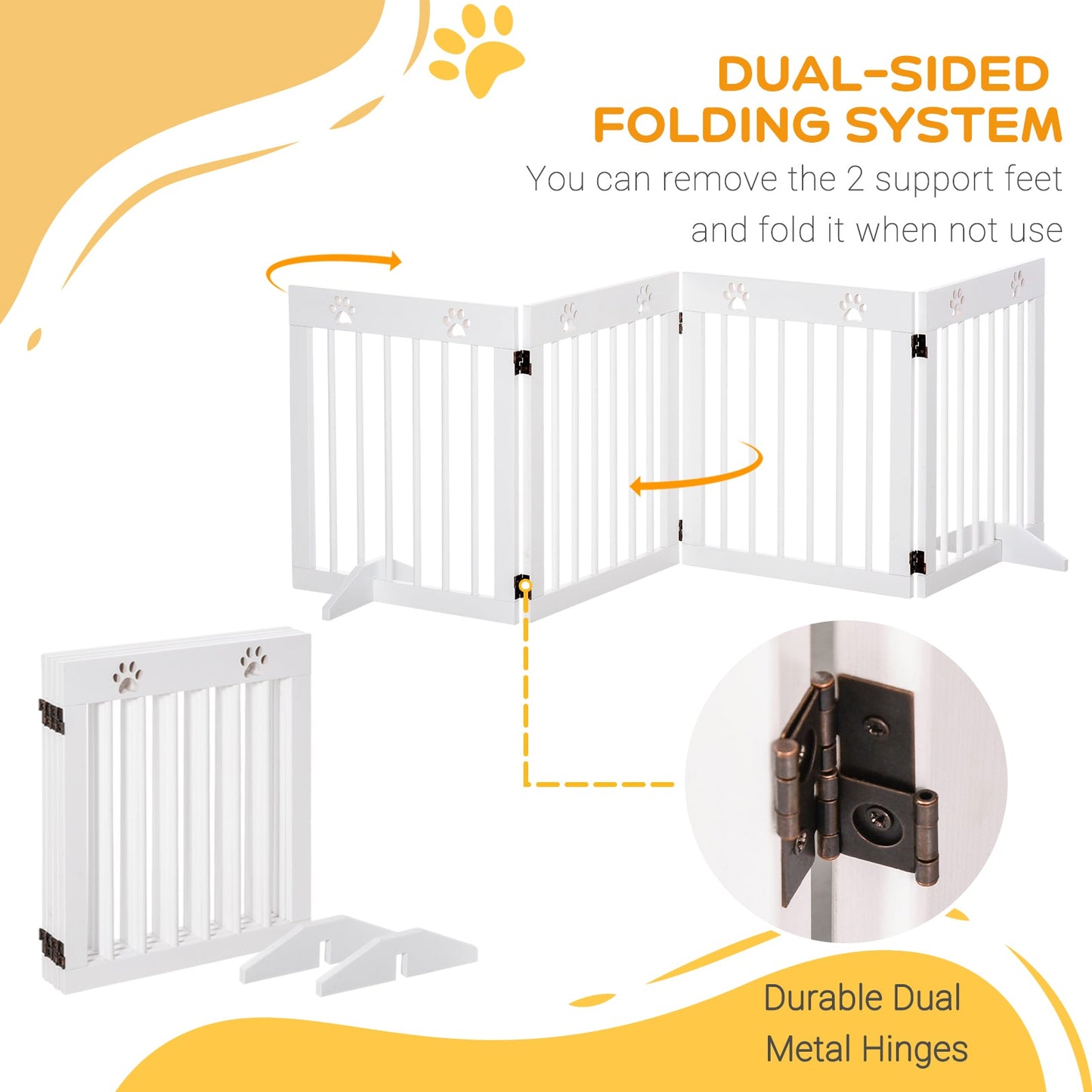 Freestanding Pet Gate 4 Panel Wooden Dog Barrier Folding Safety Fence with Support Feet up to 204cm Long 61cm Tall for Doorway Stairs White