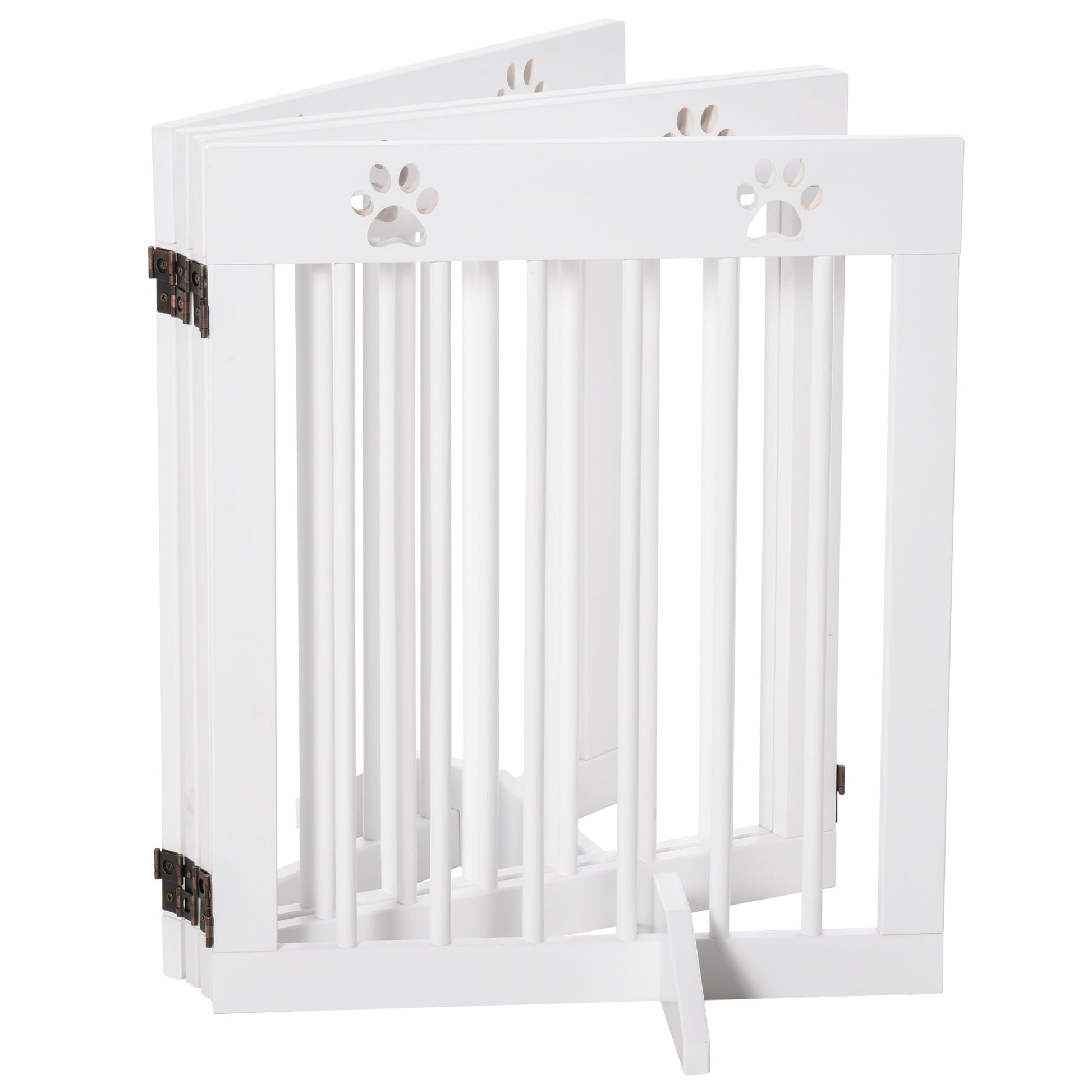 Freestanding Pet Gate 4 Panel Wooden Dog Barrier Folding Safety Fence with Support Feet up to 204cm Long 61cm Tall for Doorway Stairs White