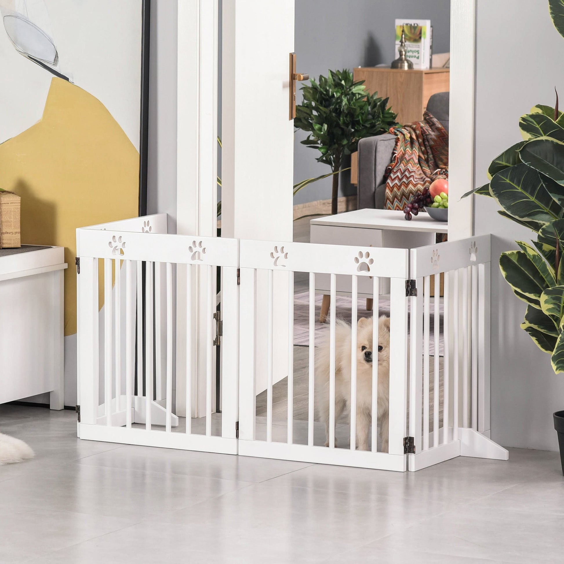Freestanding Pet Gate 4 Panel Wooden Dog Barrier Folding Safety Fence with Support Feet up to 204cm Long 61cm Tall for Doorway Stairs White