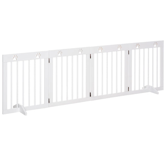 Freestanding Pet Gate 4 Panel Wooden Dog Barrier Folding Safety Fence with Support Feet up to 204cm Long 61cm Tall for Doorway Stairs White