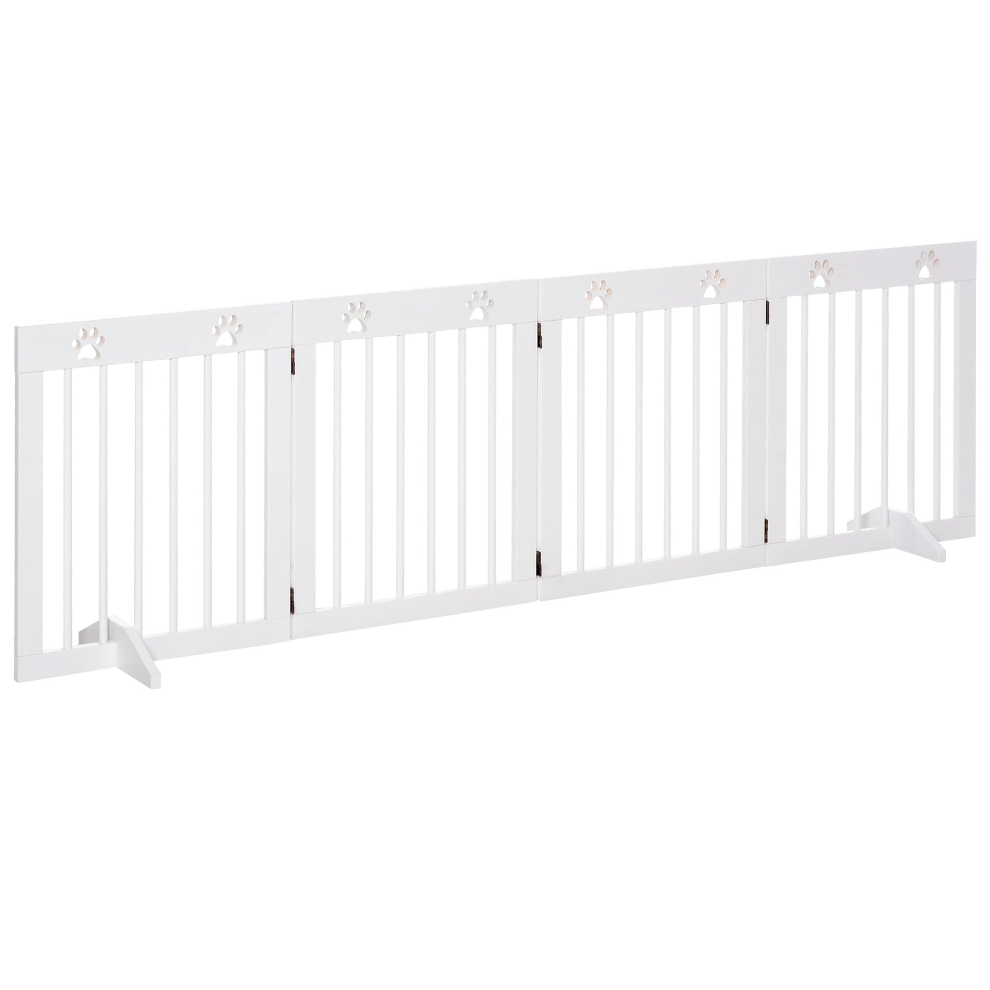 Freestanding Pet Gate 4 Panel Wooden Dog Barrier Folding Safety Fence with Support Feet up to 204cm Long 61cm Tall for Doorway Stairs White