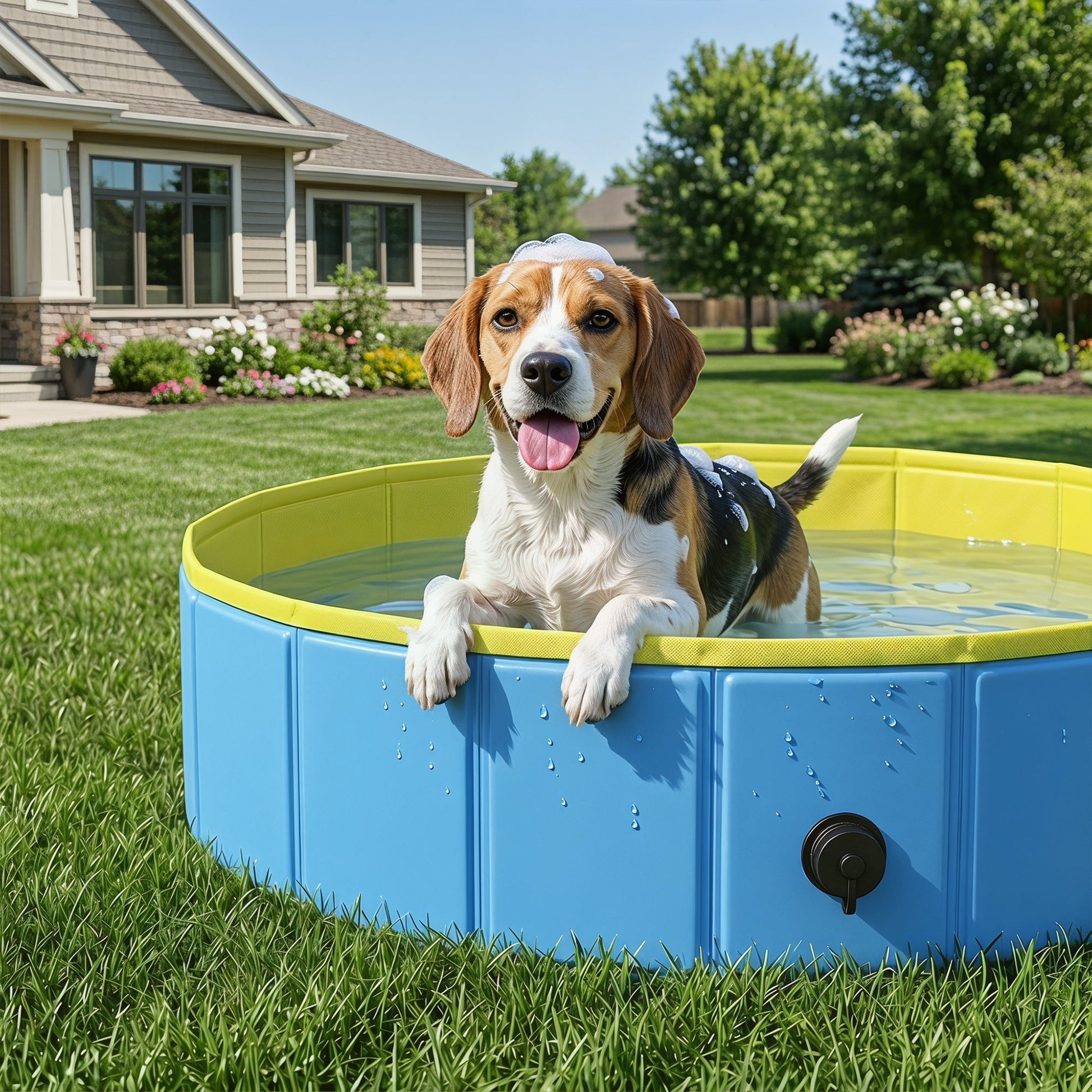 Foldable Dog Pool for Puppies and Ducks, Thickened PVC Dog Paddling Pool Bath Tub Hard Board, Anti-Slip Bottom and Hose Adapter for Easy Drainage, 100 x 30cm, Blue and Yellow