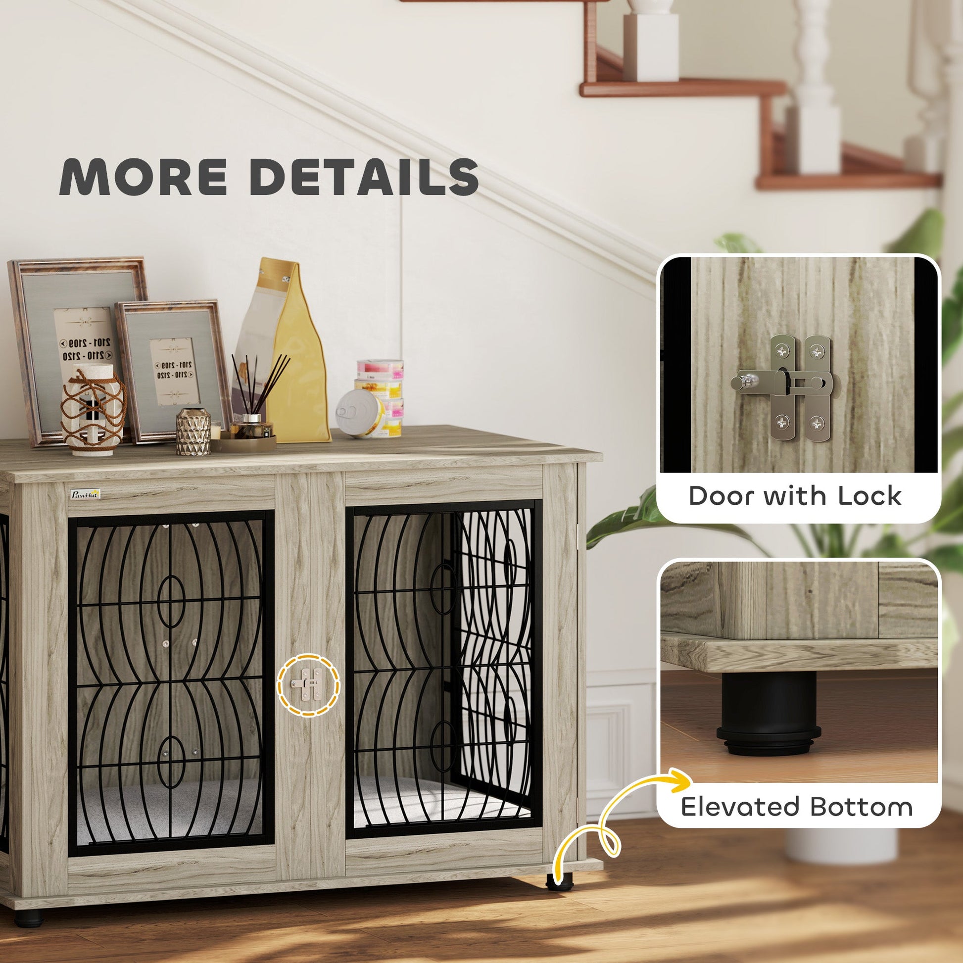 Dog Crate Furniture, Dog Cage with Soft Washable Cushion, Furniture-Style Pet Kennel Indoor House End Side Table for Small Medium Large XL Breeds, 118 x 75 x 82 cm, Grey