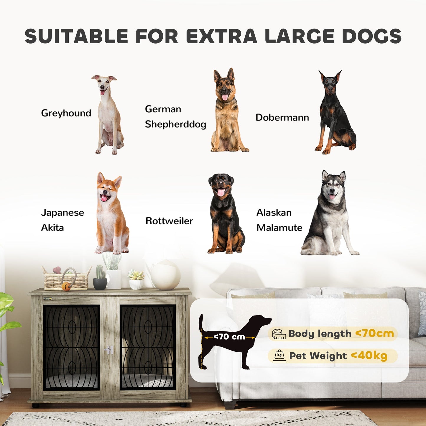 Dog Crate Furniture, Dog Cage with Soft Washable Cushion, Furniture-Style Pet Kennel Indoor House End Side Table for Small Medium Large XL Breeds, 118 x 75 x 82 cm, Grey