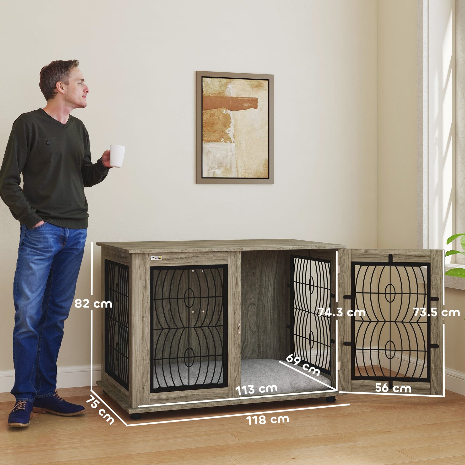 Dog Crate Furniture, Dog Cage with Soft Washable Cushion, Furniture-Style Pet Kennel Indoor House End Side Table for Small Medium Large XL Breeds, 118 x 75 x 82 cm, Grey