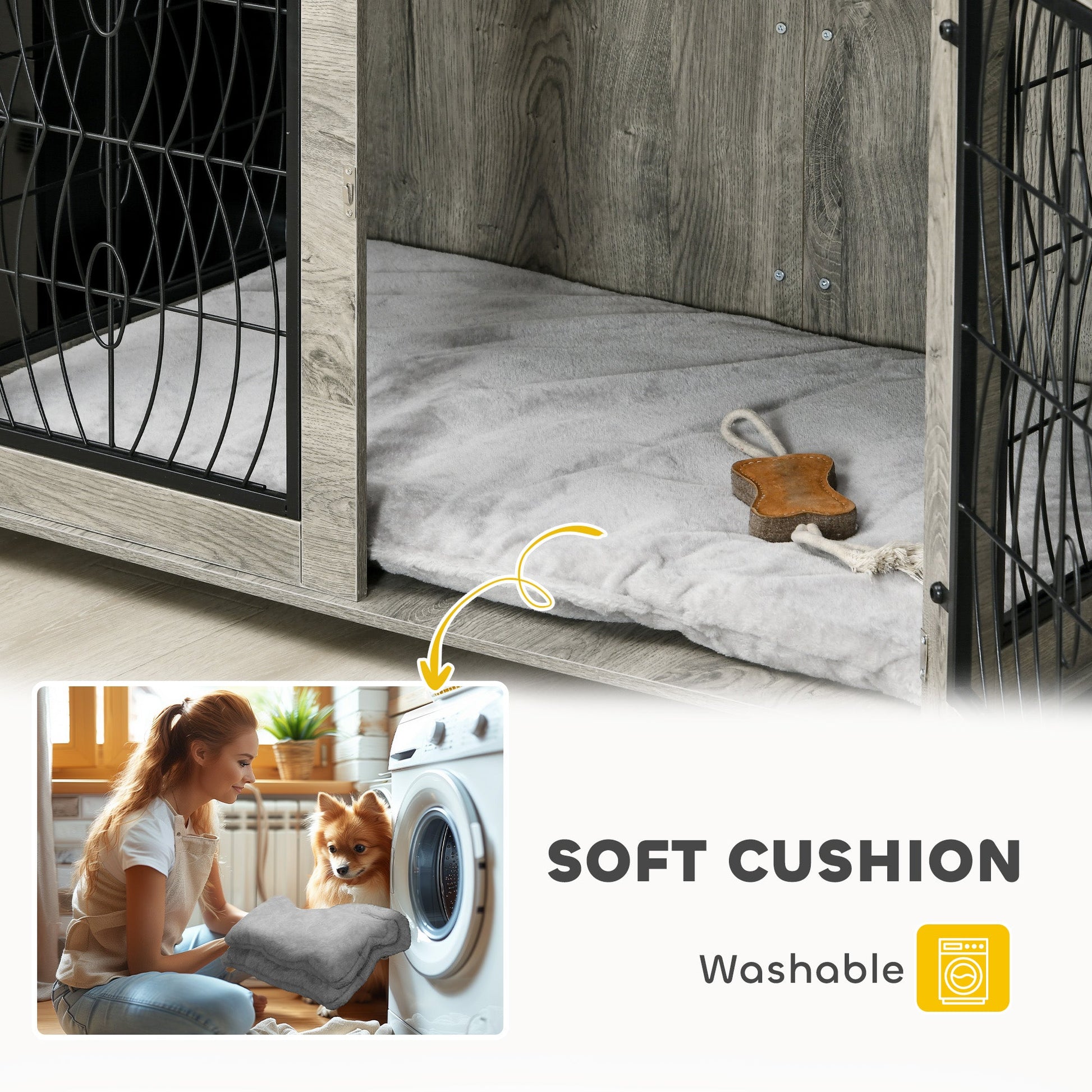 Dog Crate Furniture, Dog Cage with Soft Washable Cushion, Furniture-Style Pet Kennel Indoor House End Side Table for Small Medium Large XL Breeds, 118 x 75 x 82 cm, Grey