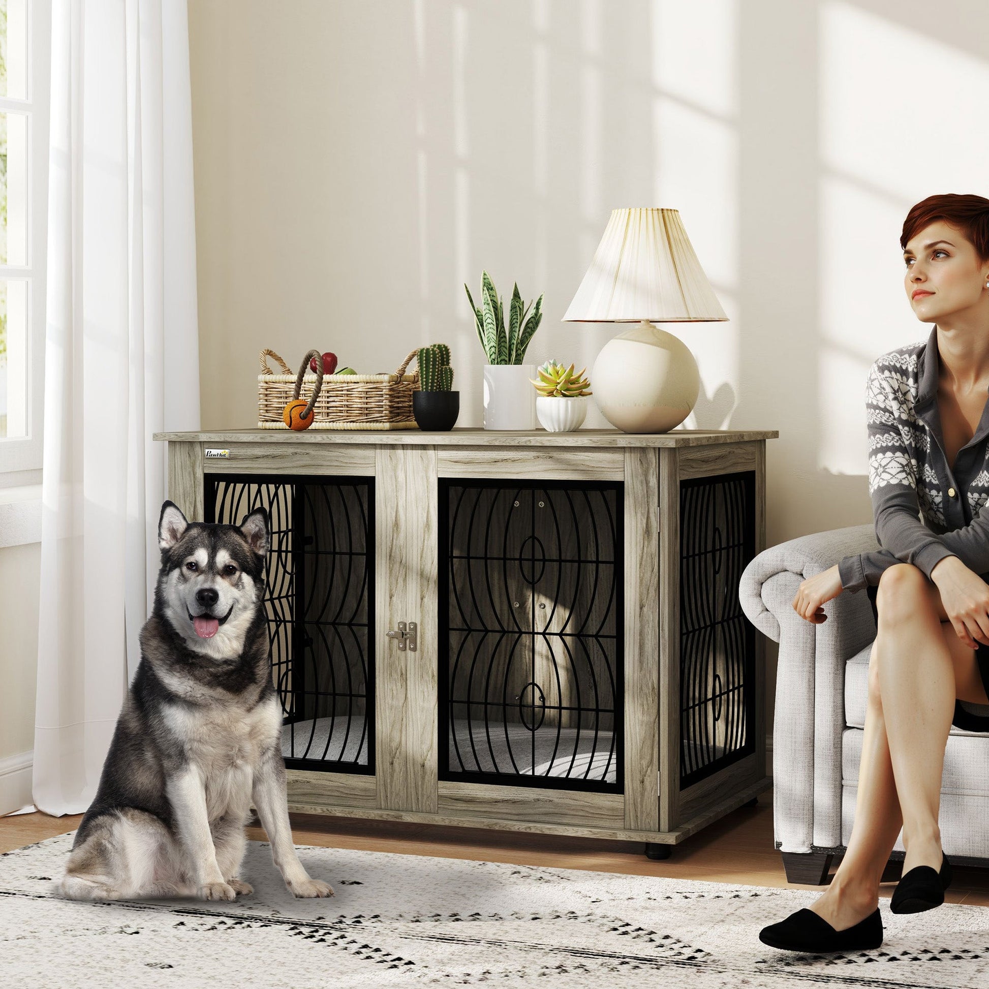 Dog Crate Furniture, Dog Cage with Soft Washable Cushion, Furniture-Style Pet Kennel Indoor House End Side Table for Small Medium Large XL Breeds, 118 x 75 x 82 cm, Grey