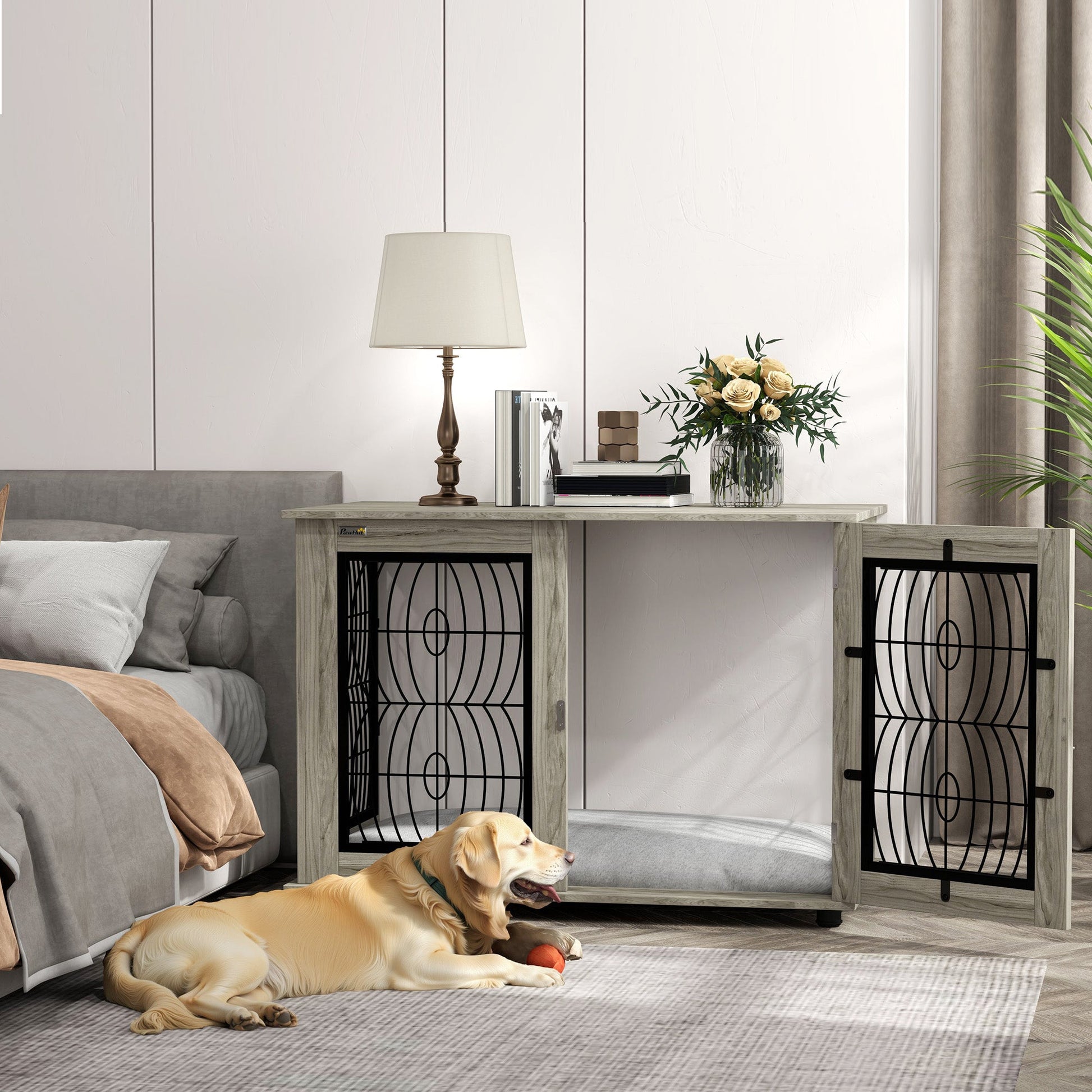 Dog Crate Furniture, Dog Cage with Soft Washable Cushion, Furniture-Style Pet Kennel Indoor House End Side Table for Small Medium Large XL Breeds, 118 x 75 x 82 cm, Grey