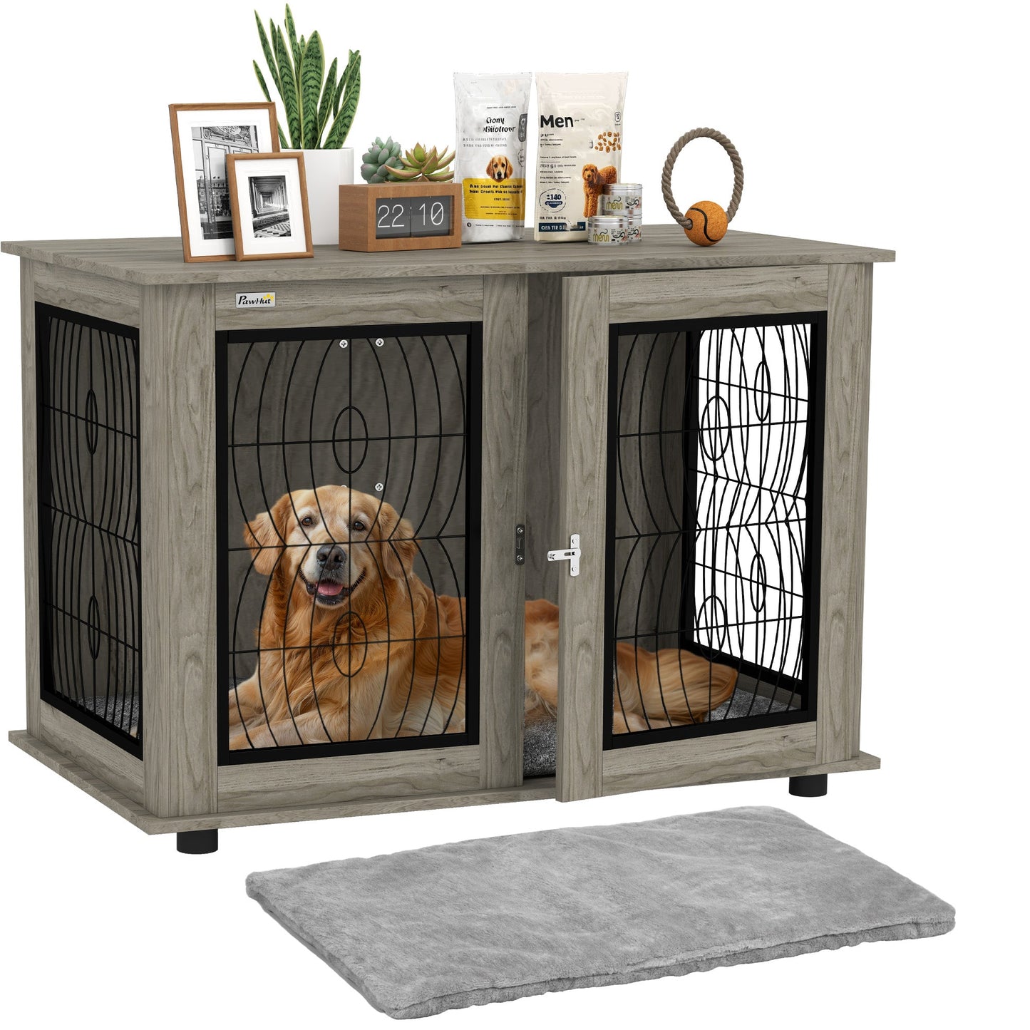 Dog Crate Furniture, Dog Cage with Soft Washable Cushion, Furniture-Style Pet Kennel Indoor House End Side Table for Small Medium Large XL Breeds, 118 x 75 x 82 cm, Grey