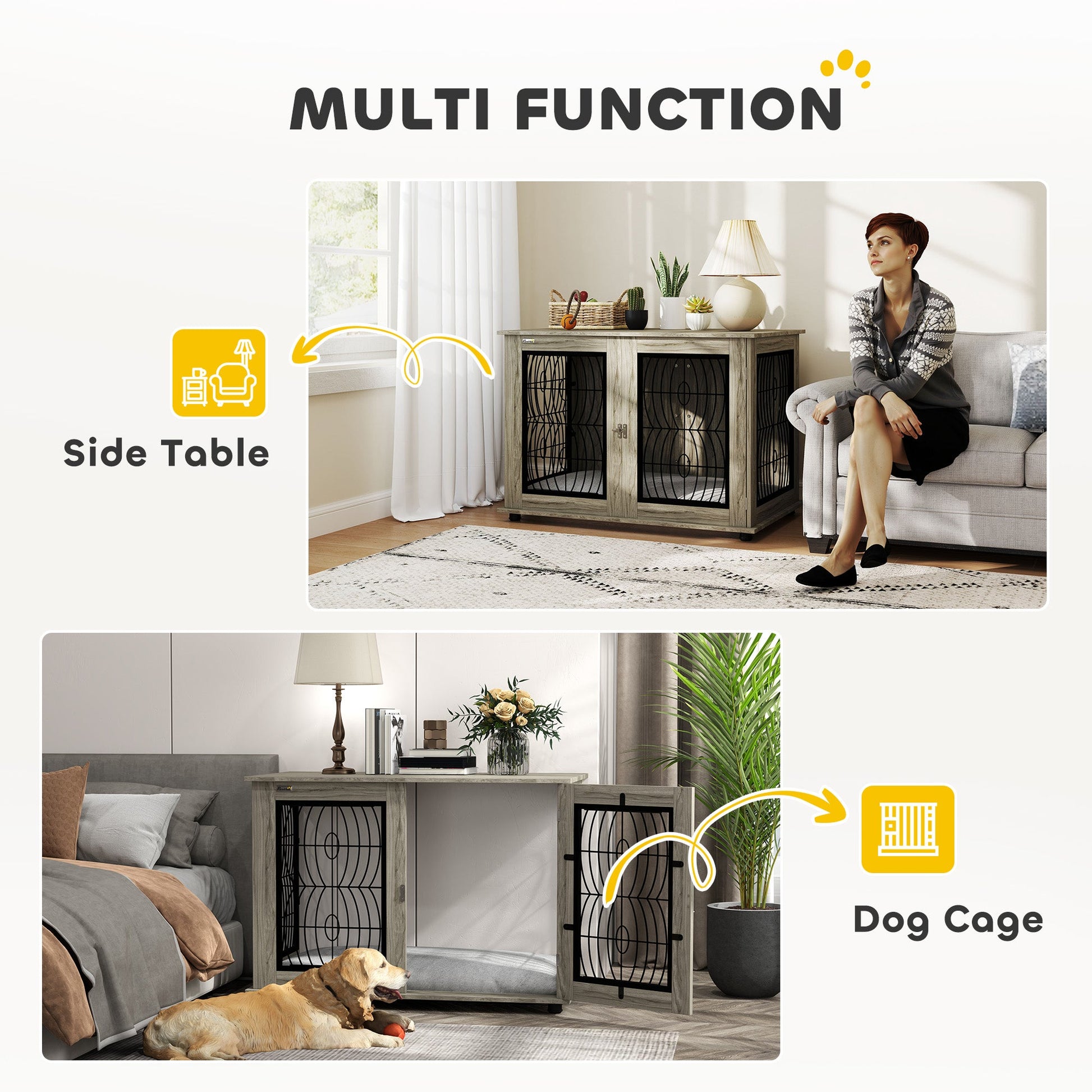 Dog Crate Furniture, Dog Cage with Soft Washable Cushion, Furniture-Style Pet Kennel Indoor House End Side Table for Small Medium Large XL Breeds, 118 x 75 x 82 cm, Grey