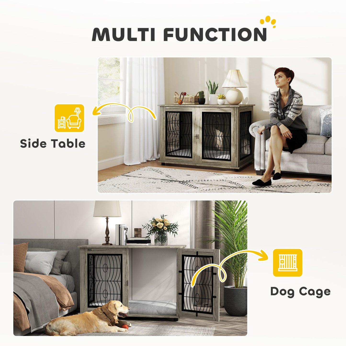 Dog Crate Furniture, Dog Cage with Soft Washable Cushion, Furniture-Style Pet Kennel Indoor House End Side Table for Small Medium Large XL Breeds, 118 x 75 x 82 cm, Grey