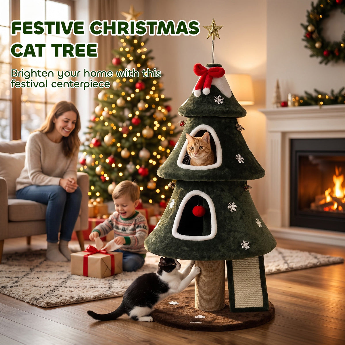 Cat Tree, Christmas Cat Tower with Dual Condos, Sisal Ladder, Jute Posts, Anti-Tip Rope, Hanging Balls, Scratching Post for Indoor Kittens, 60 x 60 x 132 cm, Green