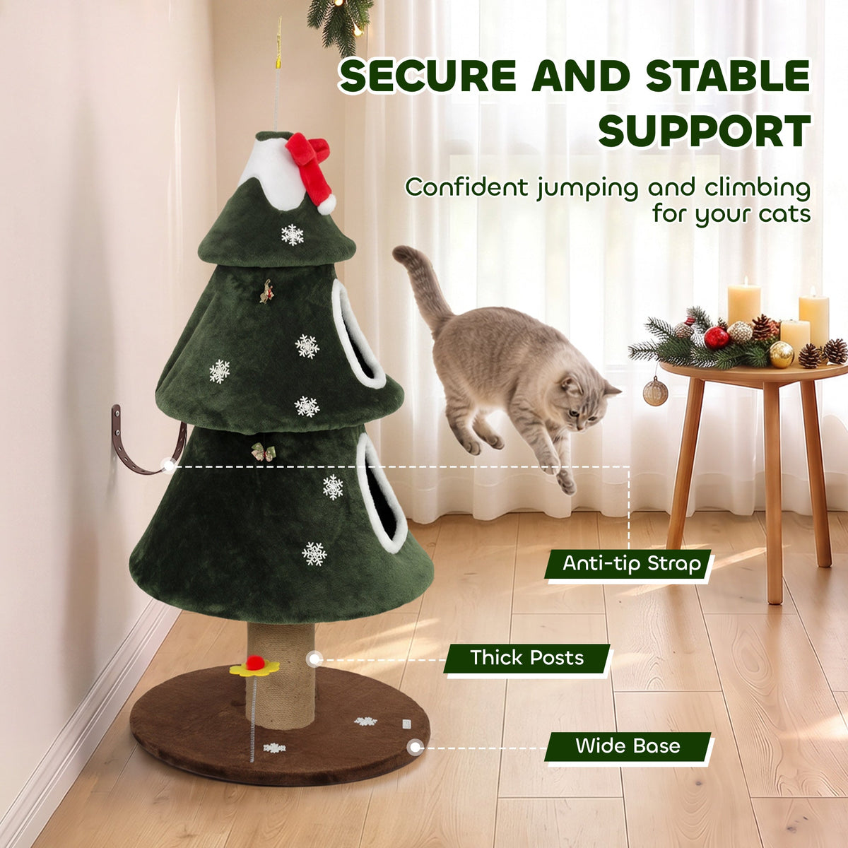 Cat Tree, Christmas Cat Tower with Dual Condos, Sisal Ladder, Jute Posts, Anti-Tip Rope, Hanging Balls, Scratching Post for Indoor Kittens, 60 x 60 x 132 cm, Green