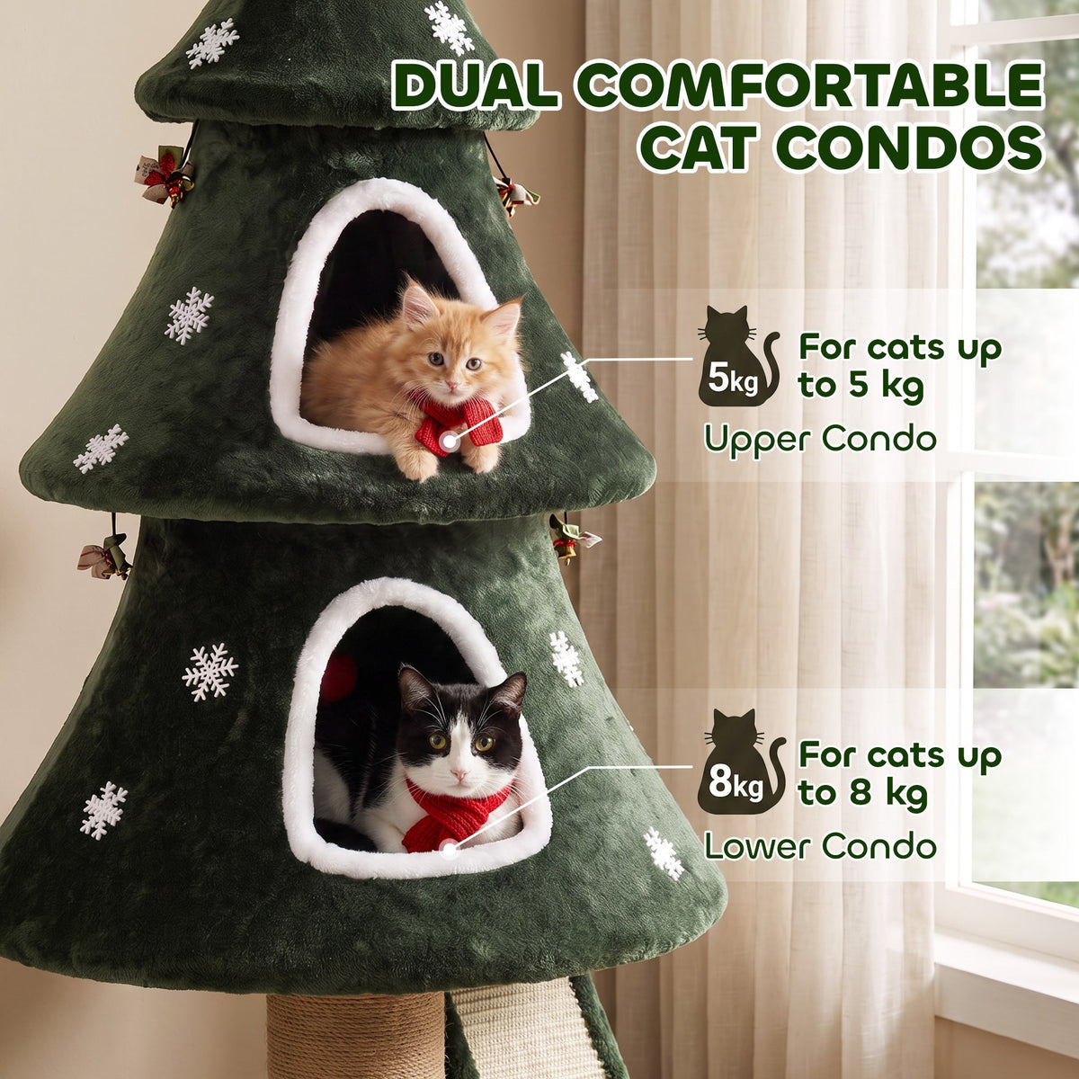 Cat Tree, Christmas Cat Tower with Dual Condos, Sisal Ladder, Jute Posts, Anti-Tip Rope, Hanging Balls, Scratching Post for Indoor Kittens, 60 x 60 x 132 cm, Green