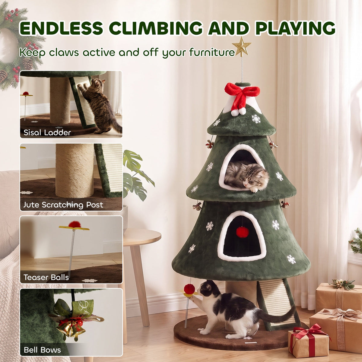 Cat Tree, Christmas Cat Tower with Dual Condos, Sisal Ladder, Jute Posts, Anti-Tip Rope, Hanging Balls, Scratching Post for Indoor Kittens, 60 x 60 x 132 cm, Green