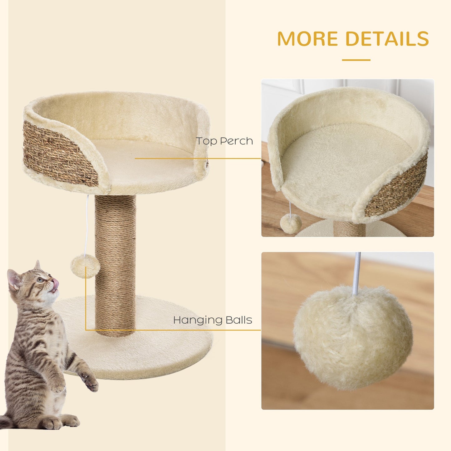 Cat Tree Cat Scratching Post for Indoor Cats Kitten Play Tower Activity Centre Climbing Stand with Dangling Ball Beige