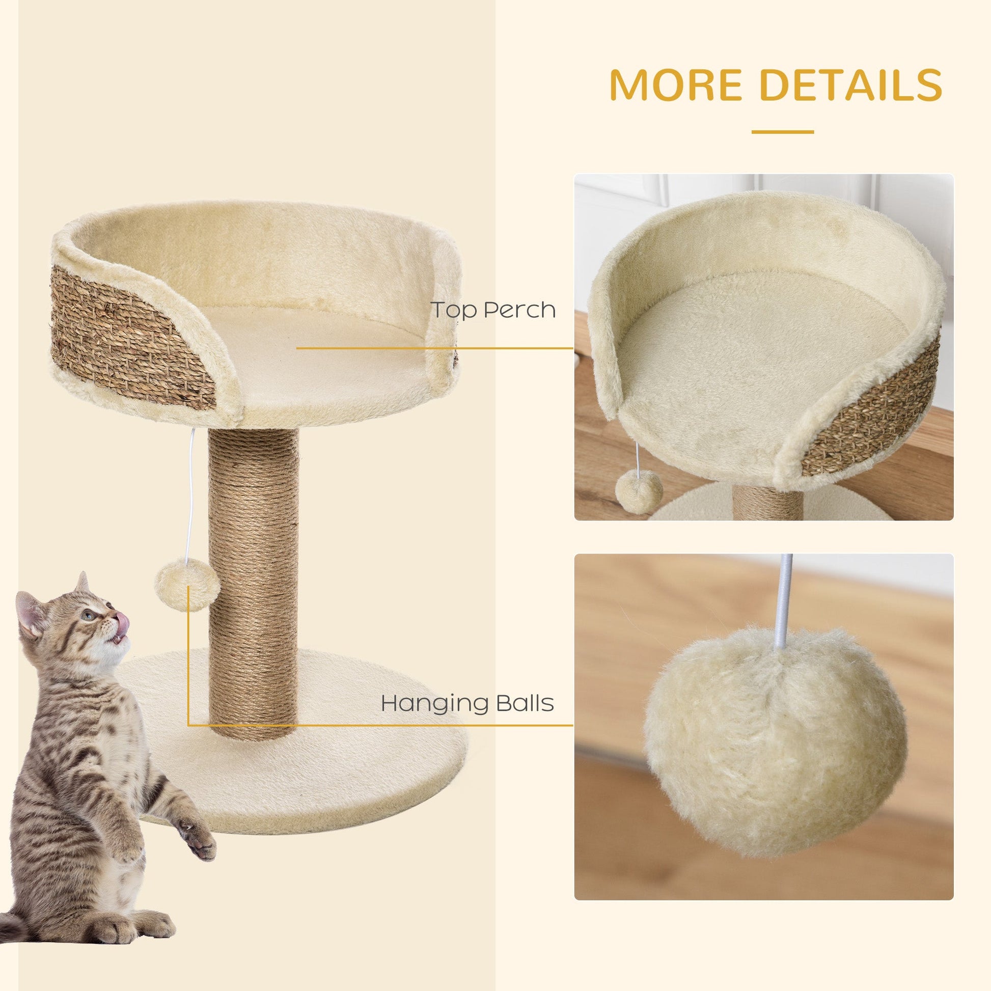 Cat Tree Cat Scratching Post for Indoor Cats Kitten Play Tower Activity Centre Climbing Stand with Dangling Ball Beige