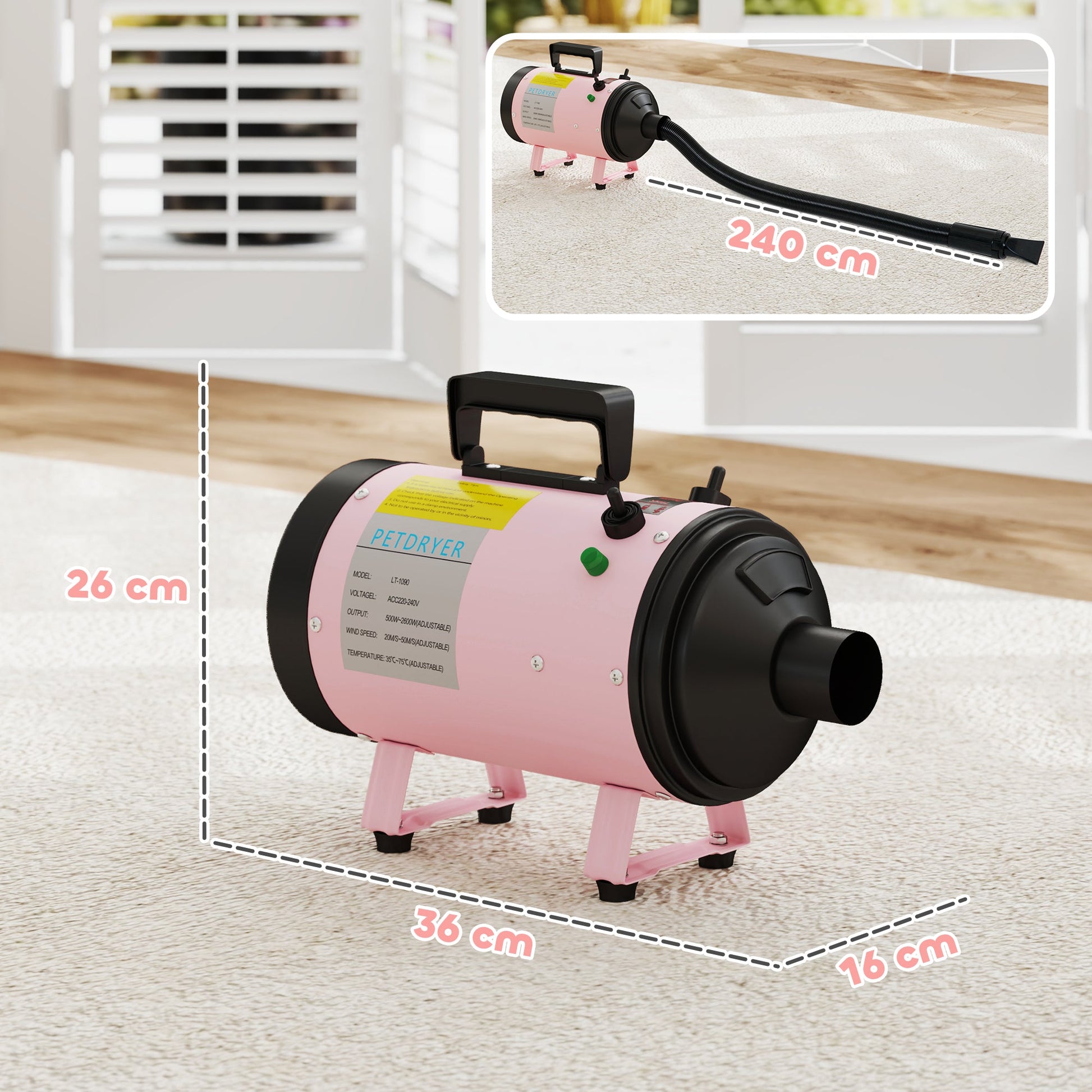 Dog Hair Dryer, 2200W Pet Grooming Hair Dryer with Adjustable Temperature & Velocity, Professional Low Noise Dog Blaster with 3 Different Nozzles, Pink